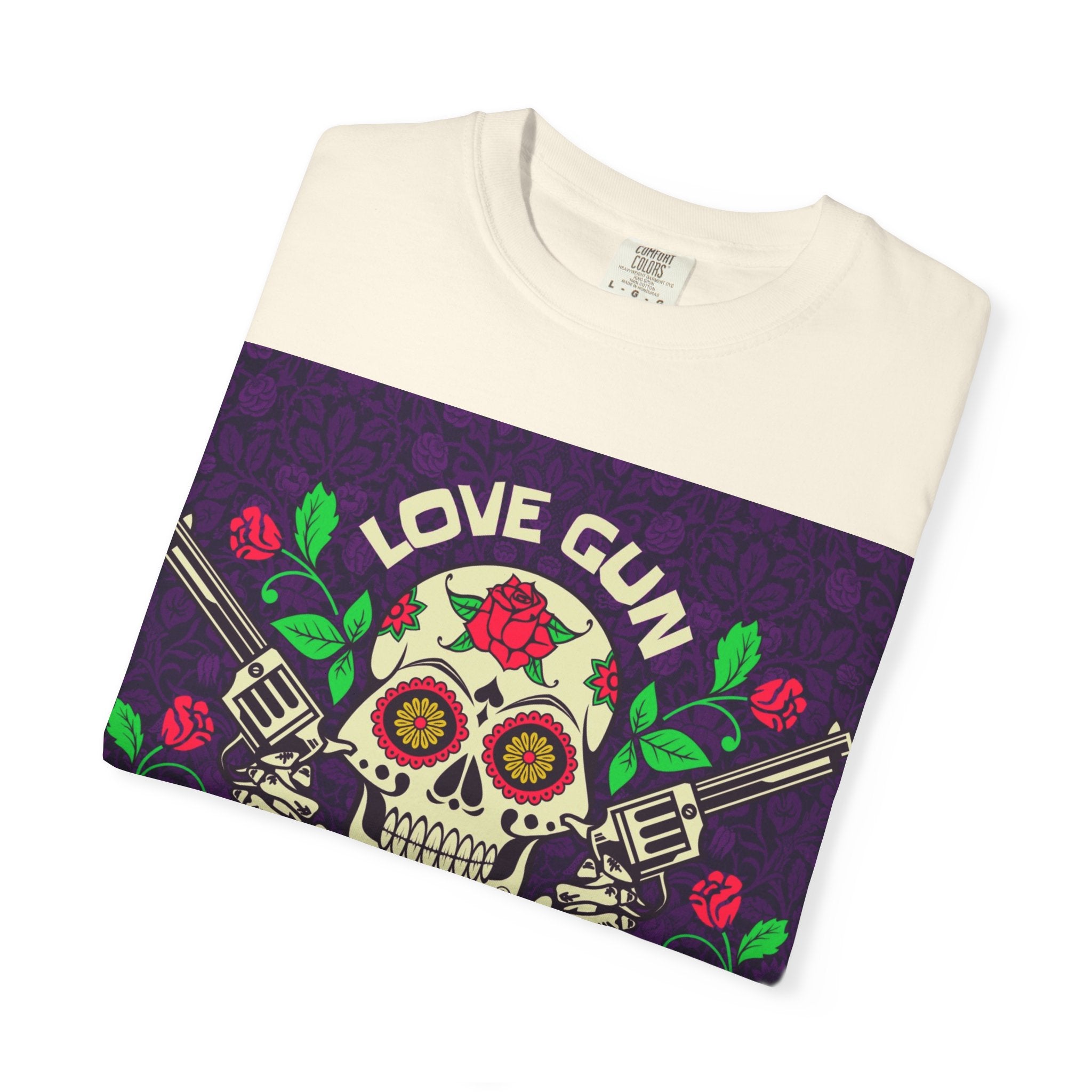 Love Gun Skull T‑Shirt — Day of the Dead Floral Graphic Tee