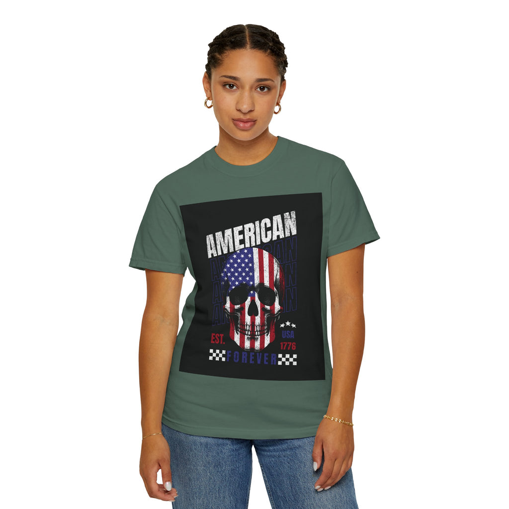 American Skull Flag T-Shirt — "American Forever" Patriotic Graphic Tee