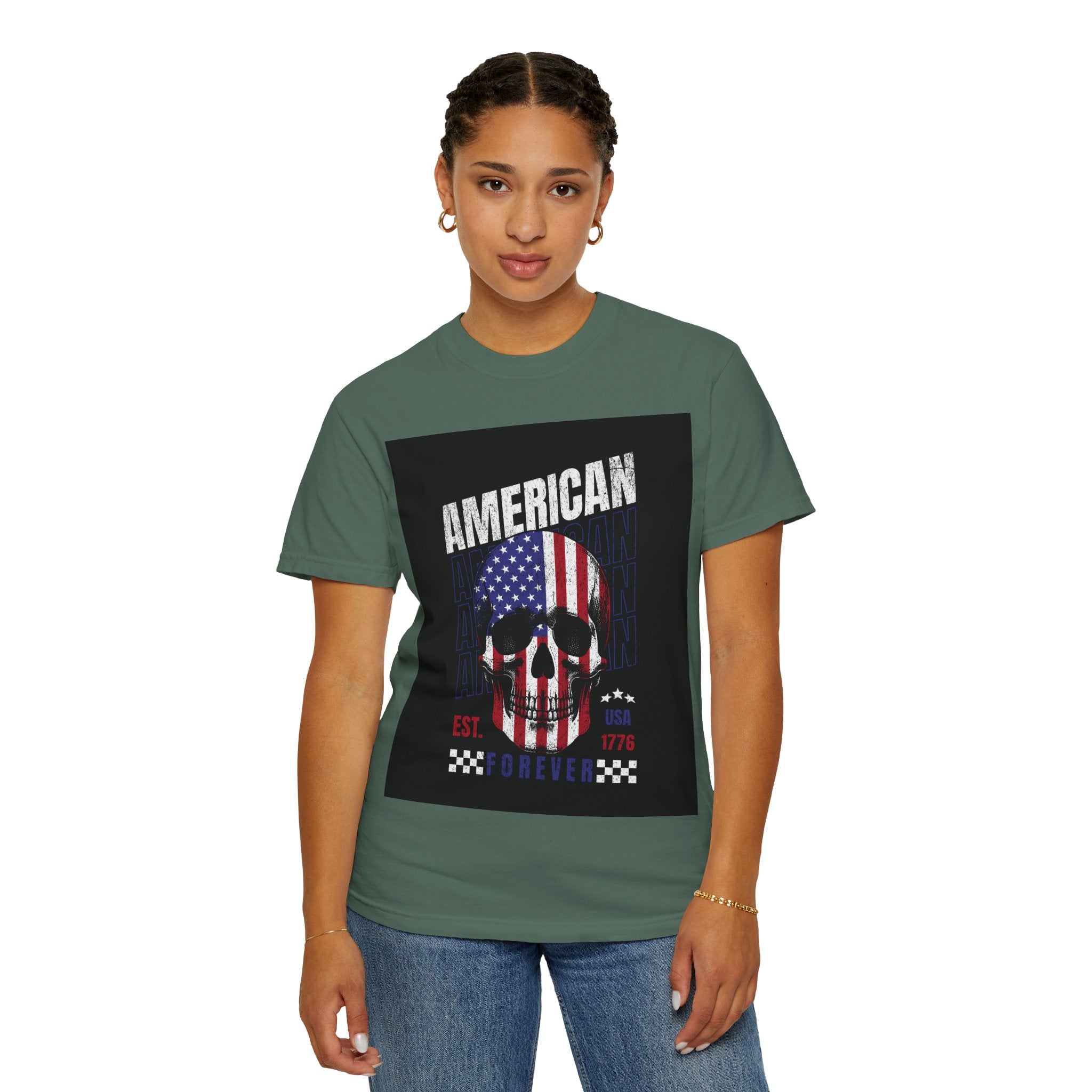 American Skull Flag T-Shirt — "American Forever" Patriotic Graphic Tee