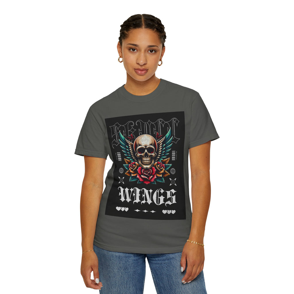 Skull Wings Graphic T-Shirt — Vintage Rock Tattoo Style with Roses