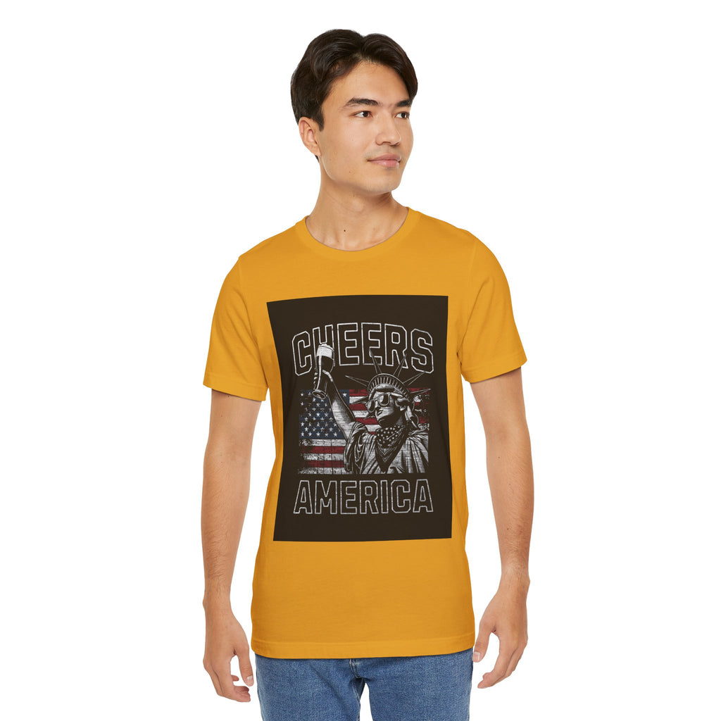 Cheers America T-Shirt — Statue of Liberty Holding Beer & Flag Patriotic Tee