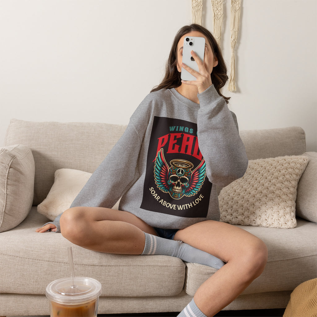 Wings of Peace Skull Crewneck Sweatshirt — Soar Above With Love Graphic