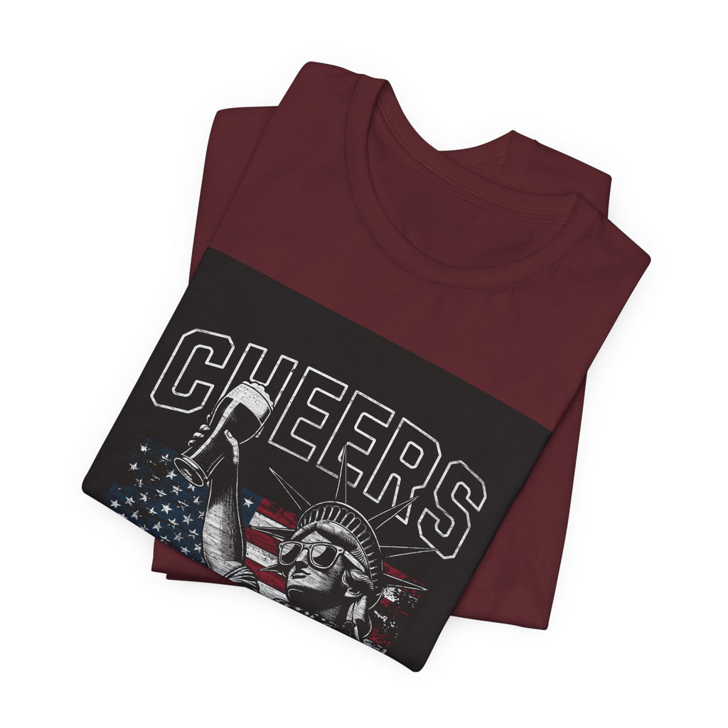 Cheers America T-Shirt — Statue of Liberty Holding Beer & Flag Patriotic Tee