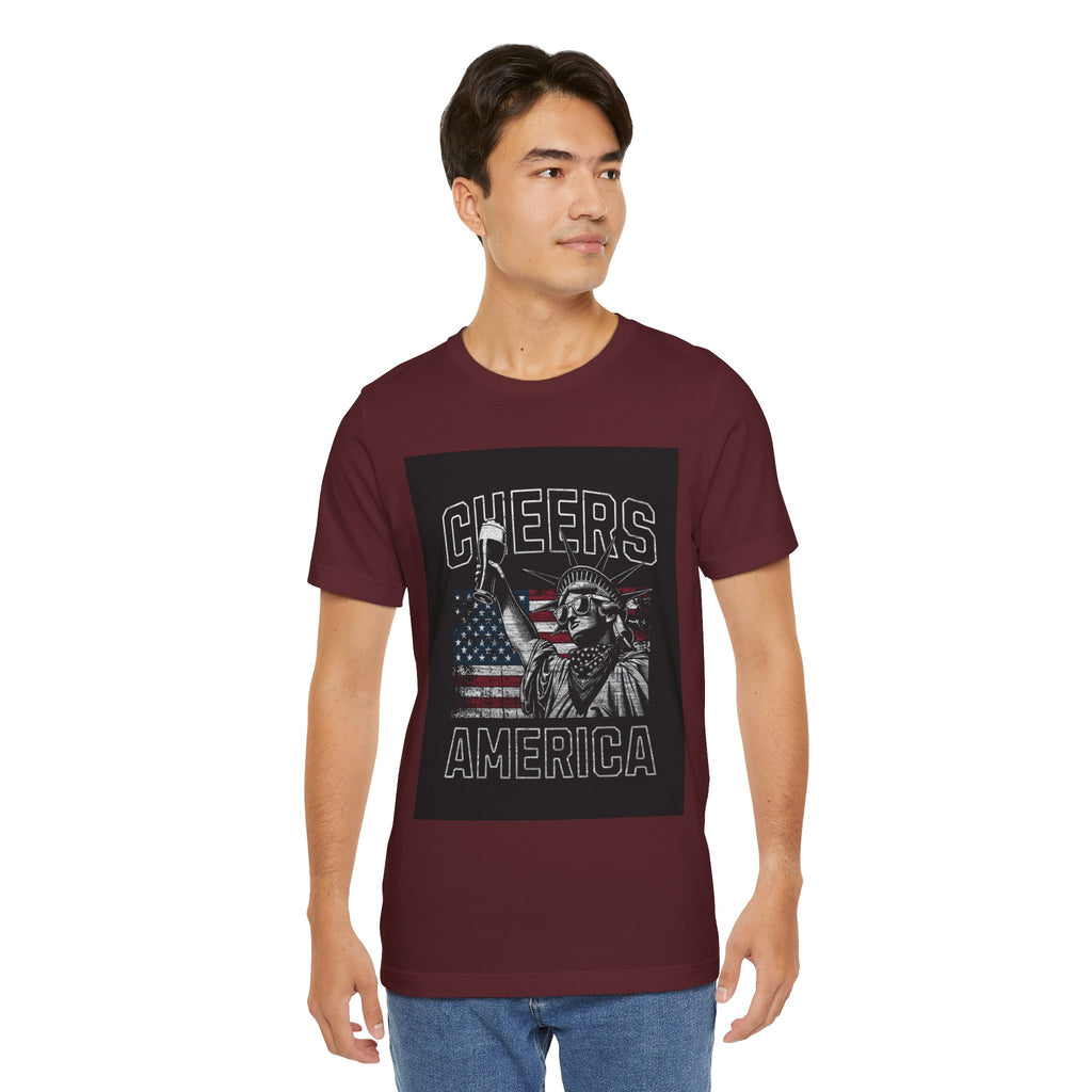Cheers America T-Shirt — Statue of Liberty Holding Beer & Flag Patriotic Tee