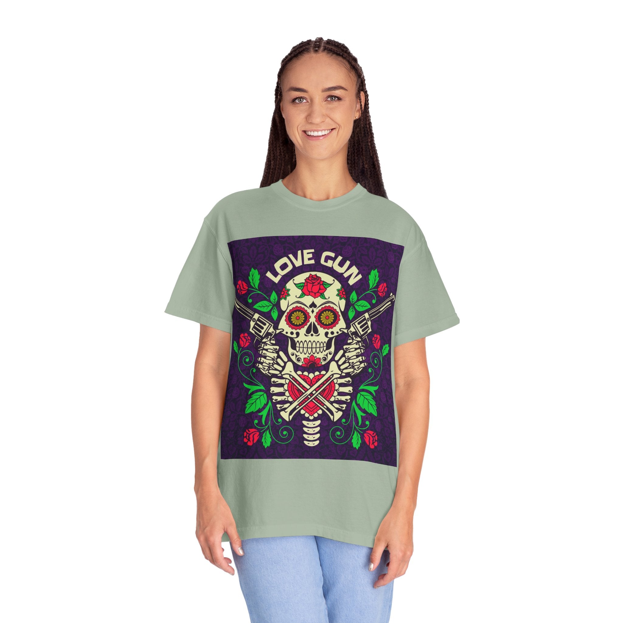 Love Gun Skull T‑Shirt — Day of the Dead Floral Graphic Tee