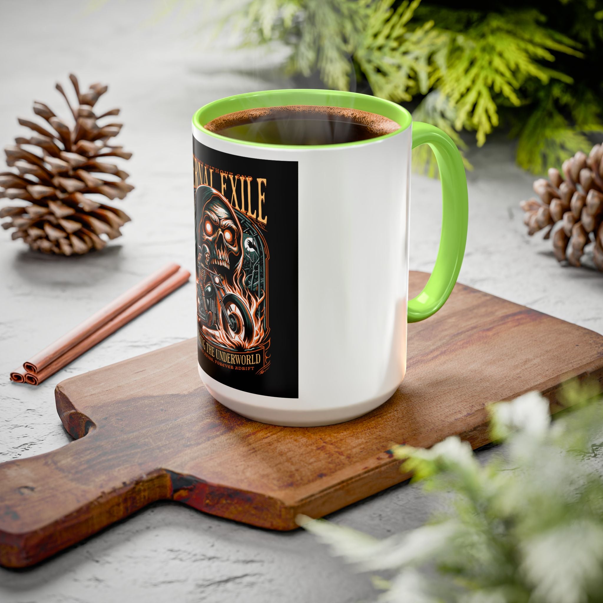 Eternal Exile Skull Biker Mug — Gothic Motorcycle Coffee Cup (11oz/15oz)