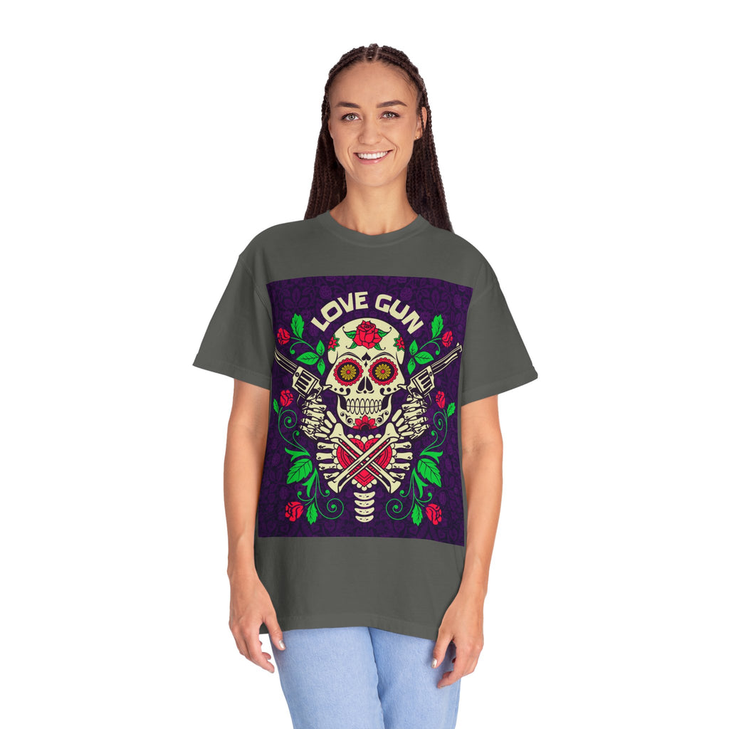 Love Gun Skull T‑Shirt — Day of the Dead Floral Graphic Tee