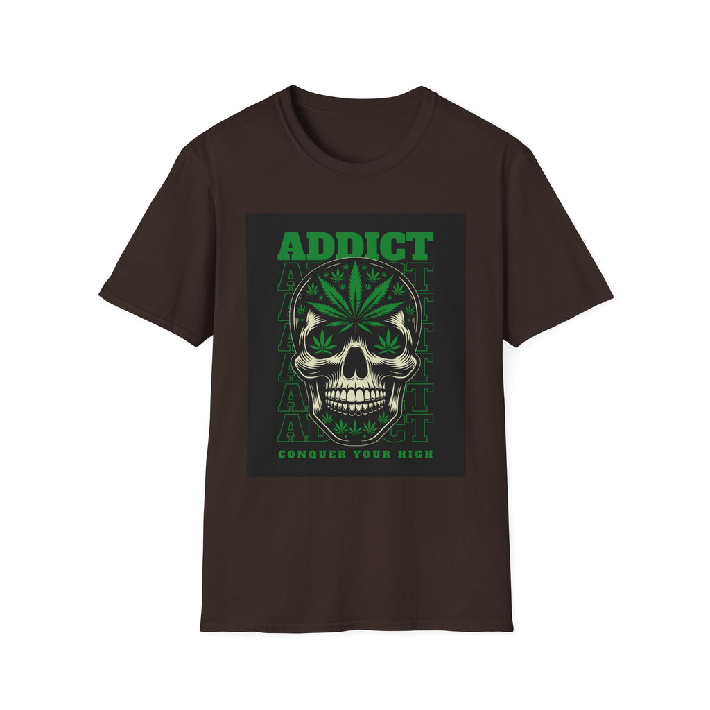 T‑Shirt — "Addict" Skull with Cannabis Leaf Graphic