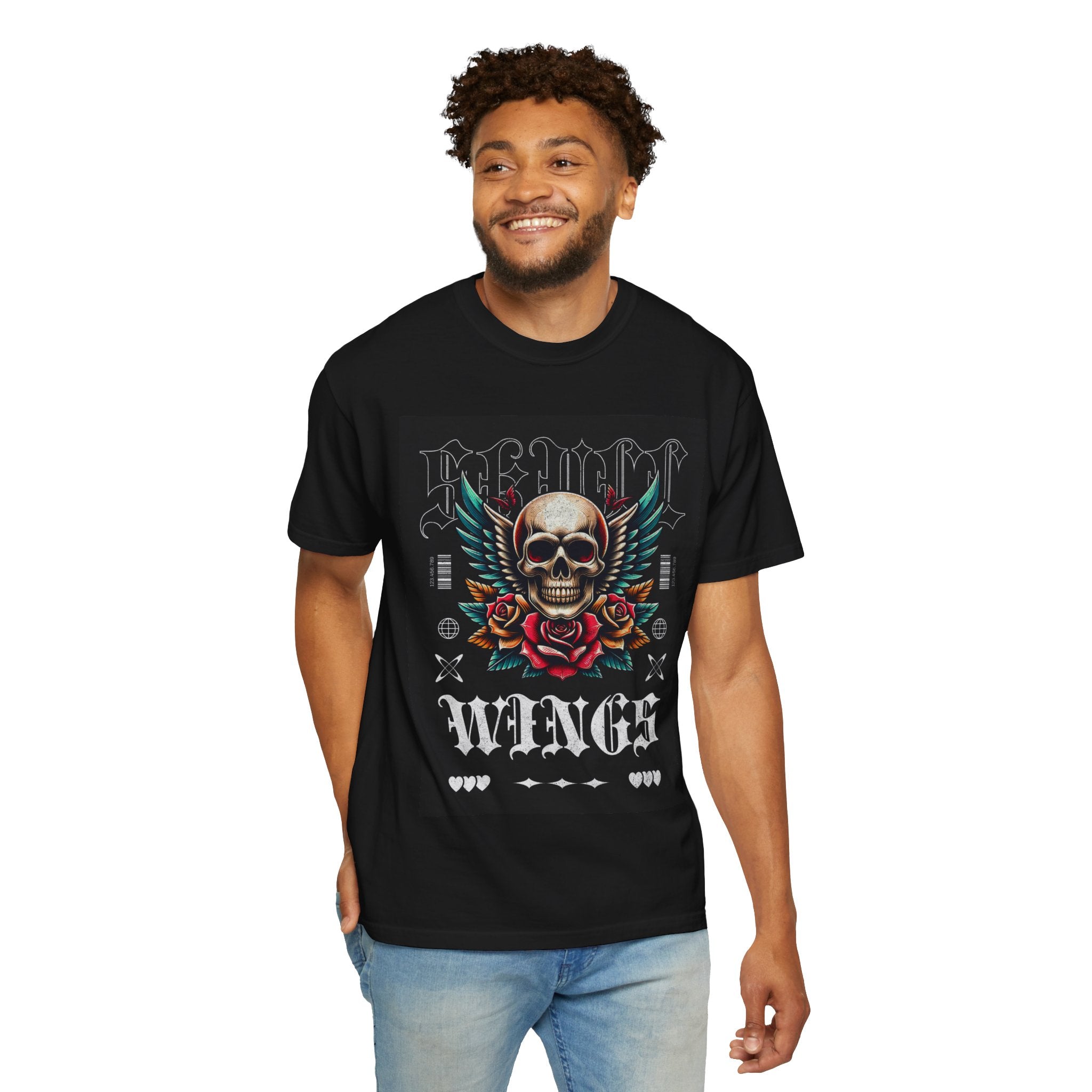 Skull Wings Graphic T-Shirt — Vintage Rock Tattoo Style with Roses
