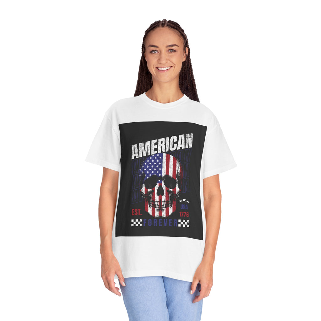 American Skull Flag T-Shirt — "American Forever" Patriotic Graphic Tee