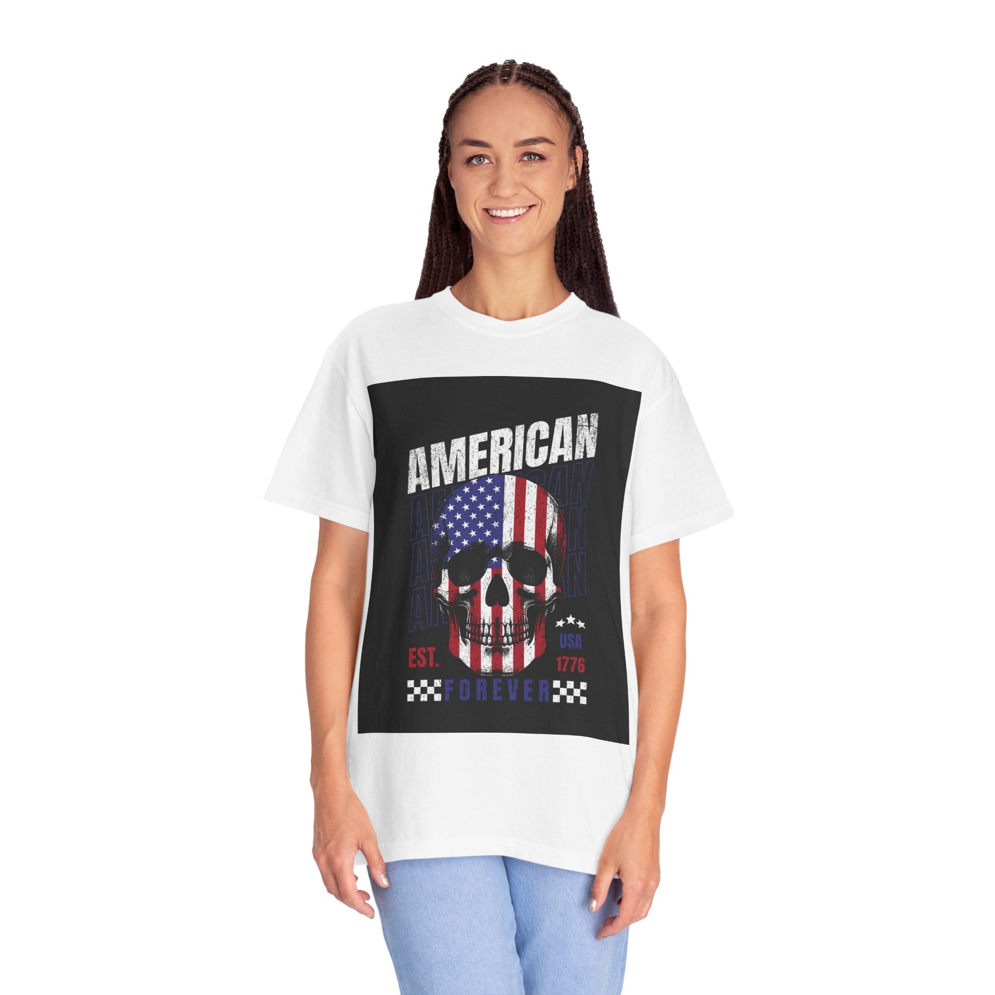 American Skull Flag T-Shirt — "American Forever" Patriotic Graphic Tee