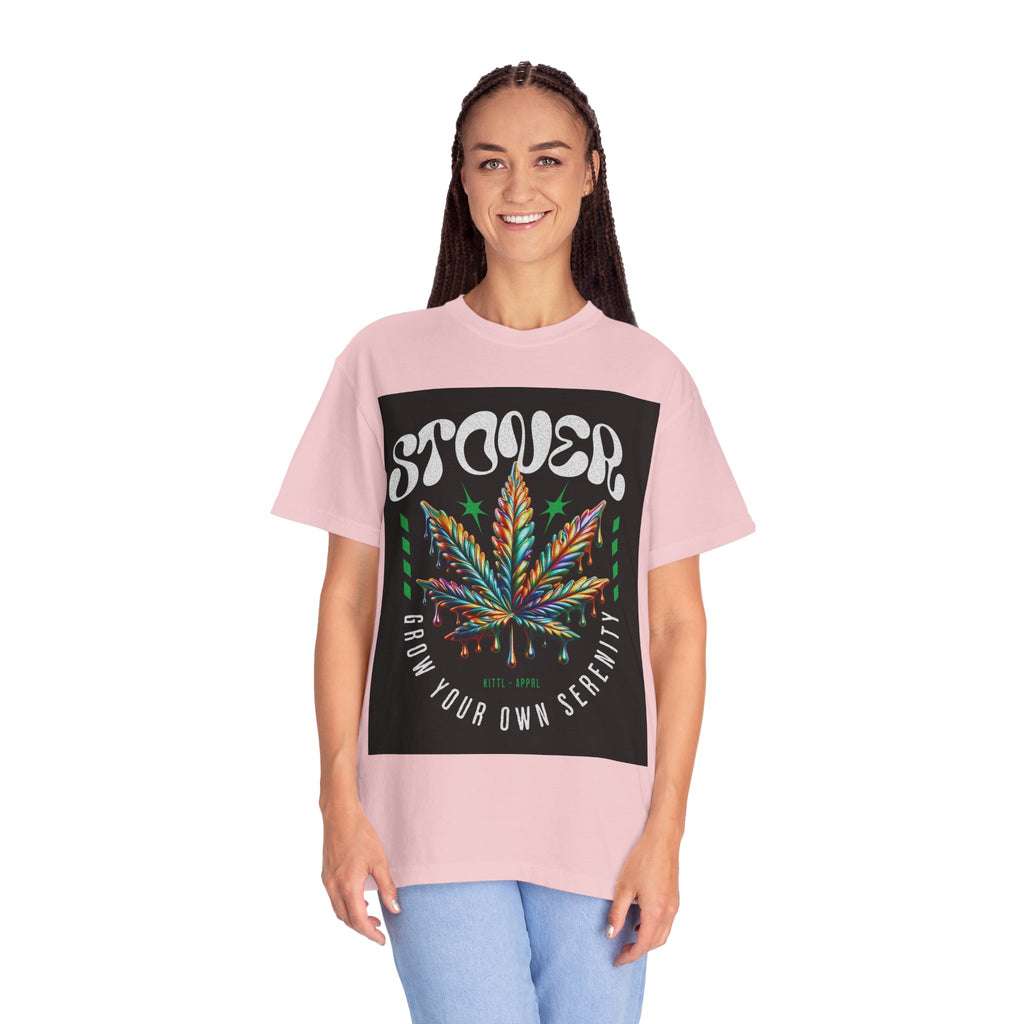 T-Shirt — Stover "Grow Your Own Serenity" Colorful Cannabis Leaf Graphic