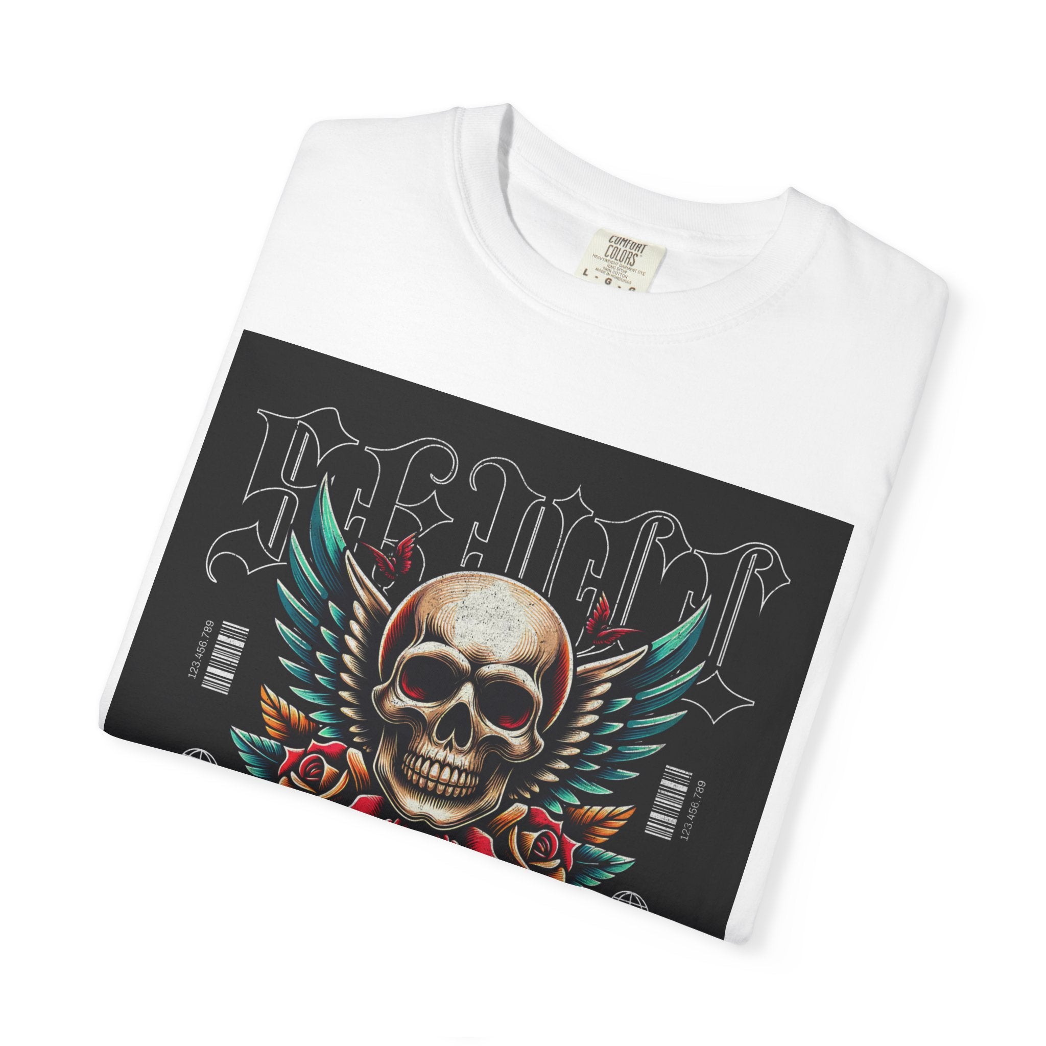 Skull Wings Graphic T-Shirt — Vintage Rock Tattoo Style with Roses