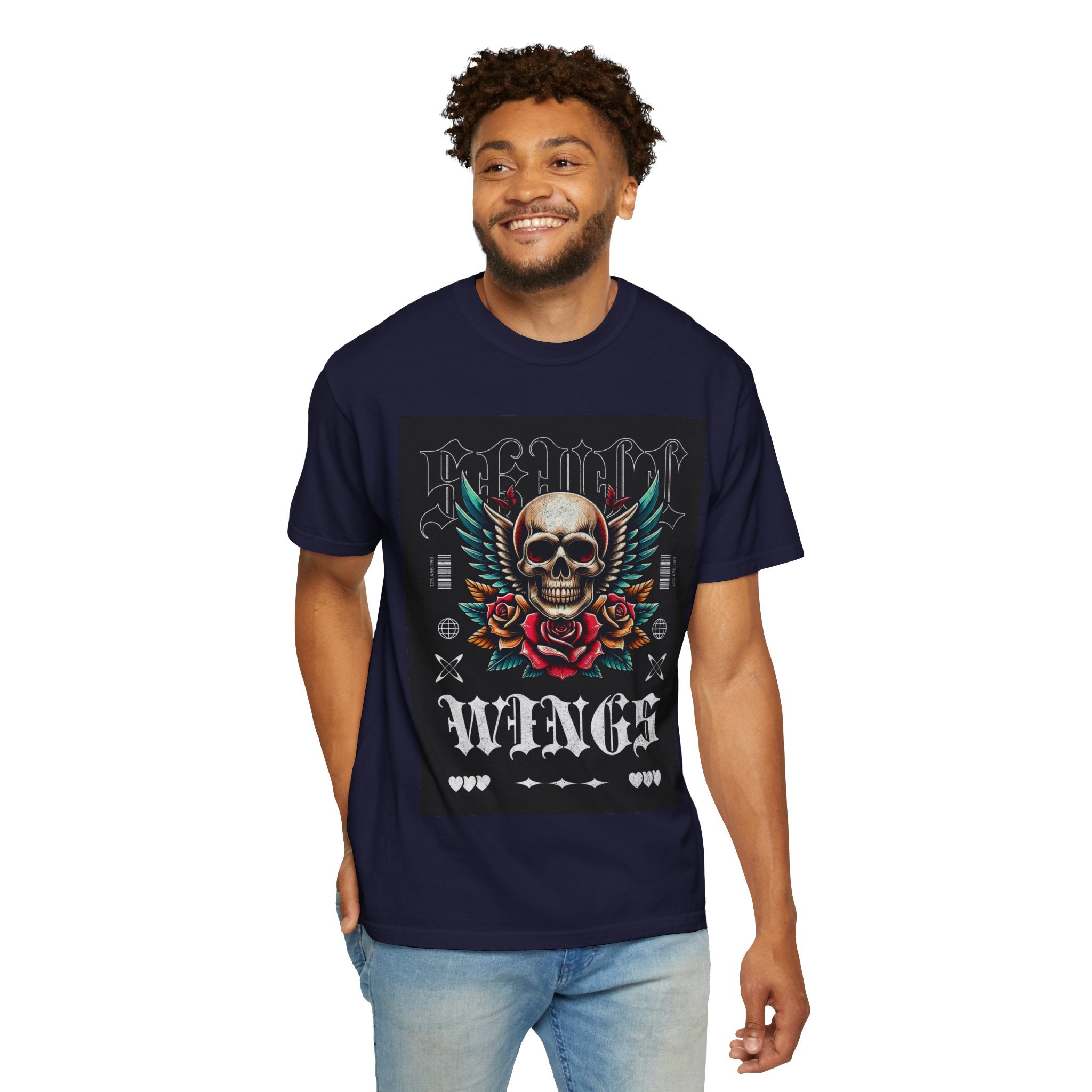 Skull Wings Graphic T-Shirt — Vintage Rock Tattoo Style with Roses