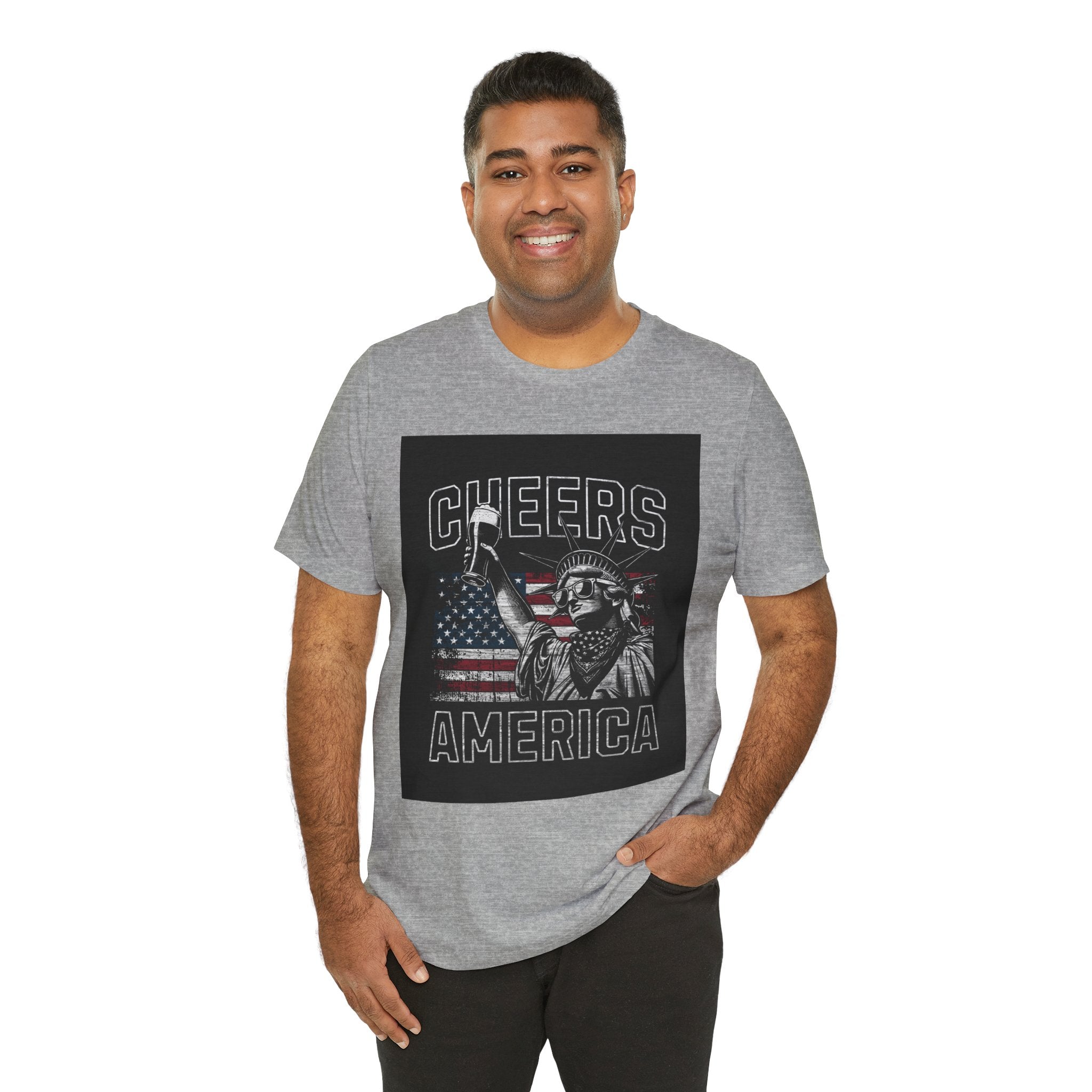 Cheers America T-Shirt — Statue of Liberty Holding Beer & Flag Patriotic Tee