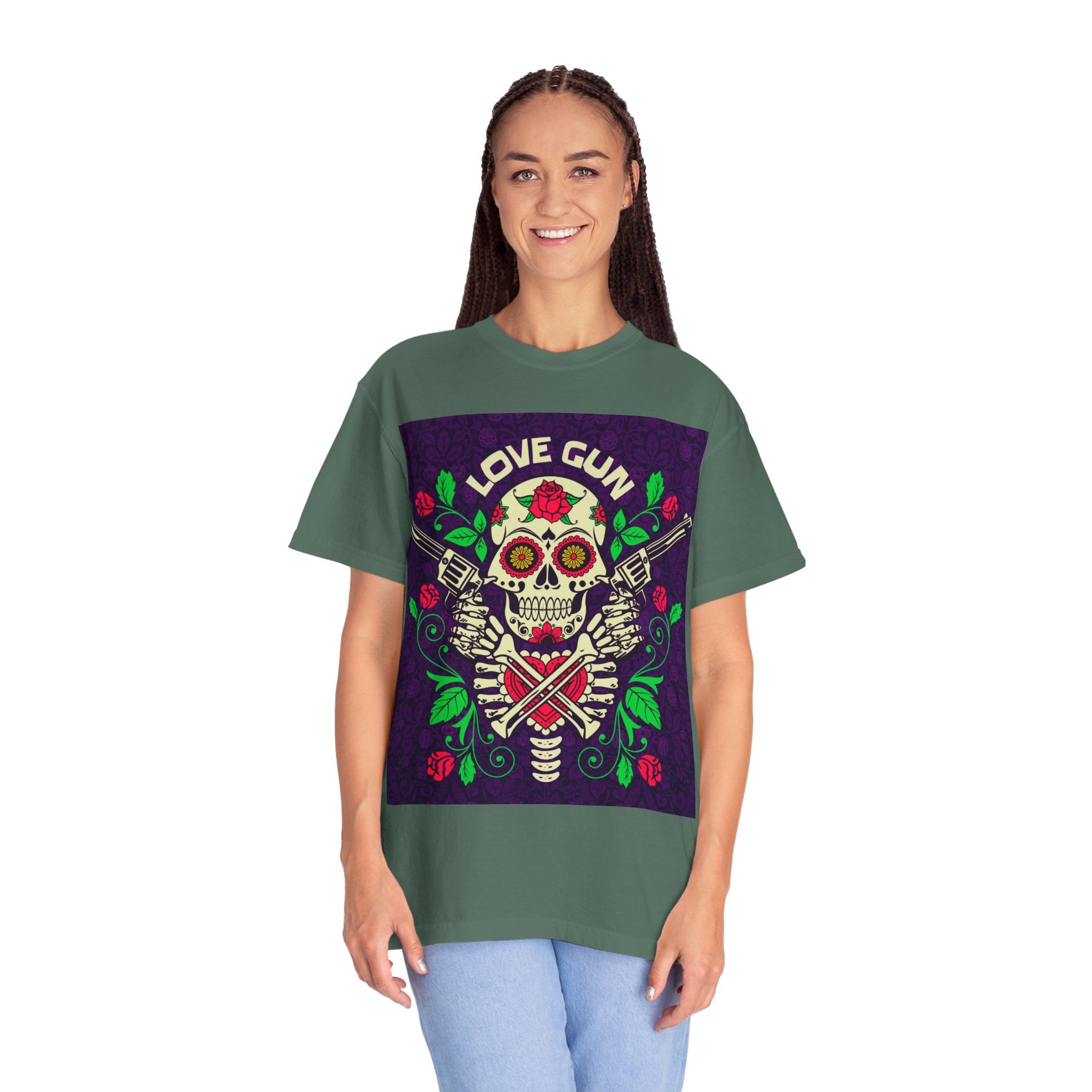 Love Gun Skull T‑Shirt — Day of the Dead Floral Graphic Tee