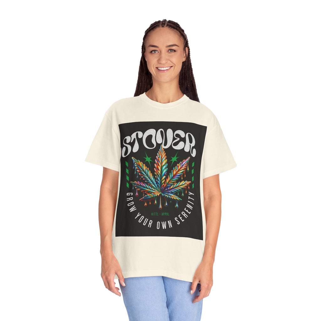 T-Shirt — Stover "Grow Your Own Serenity" Colorful Cannabis Leaf Graphic