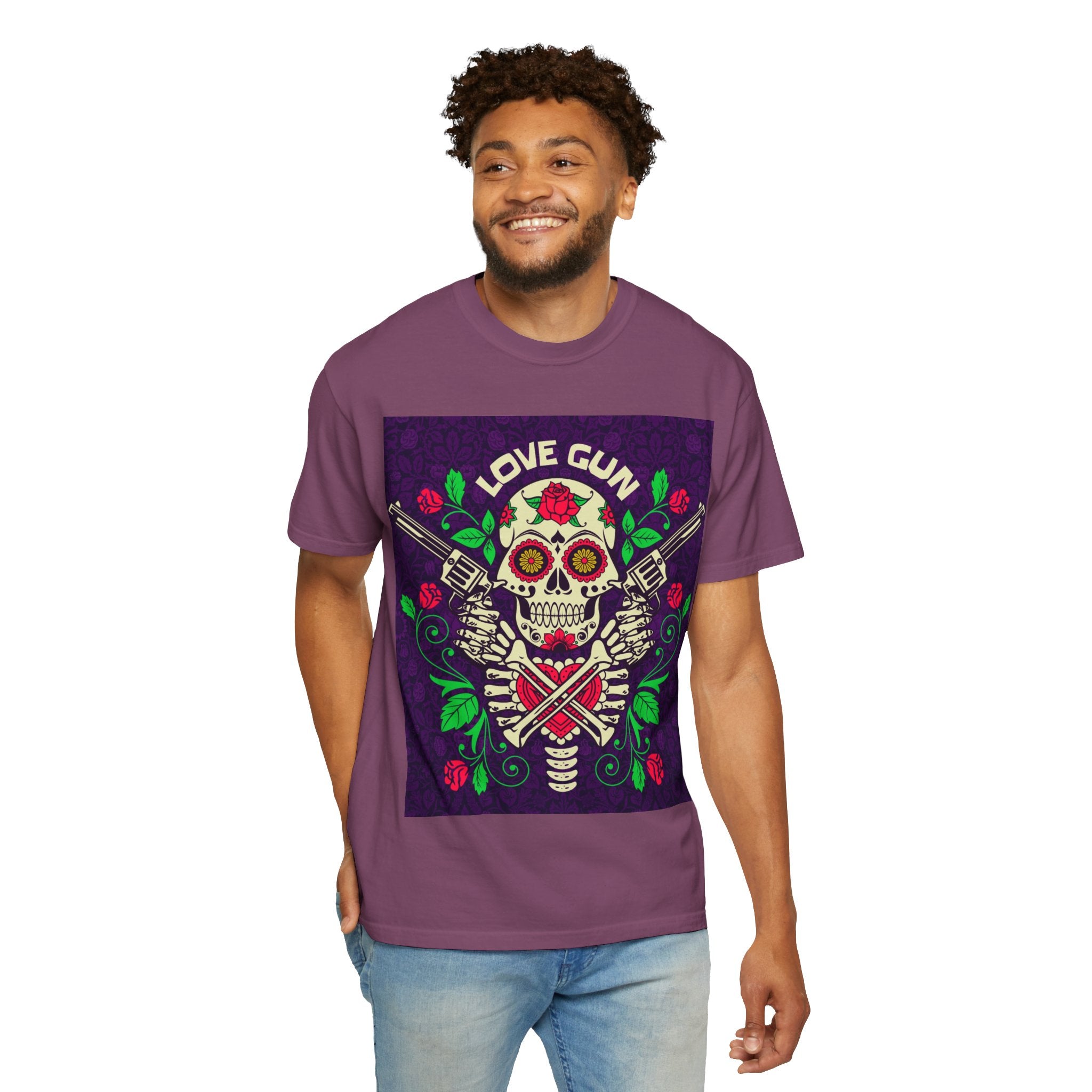 Love Gun Skull T‑Shirt — Day of the Dead Floral Graphic Tee