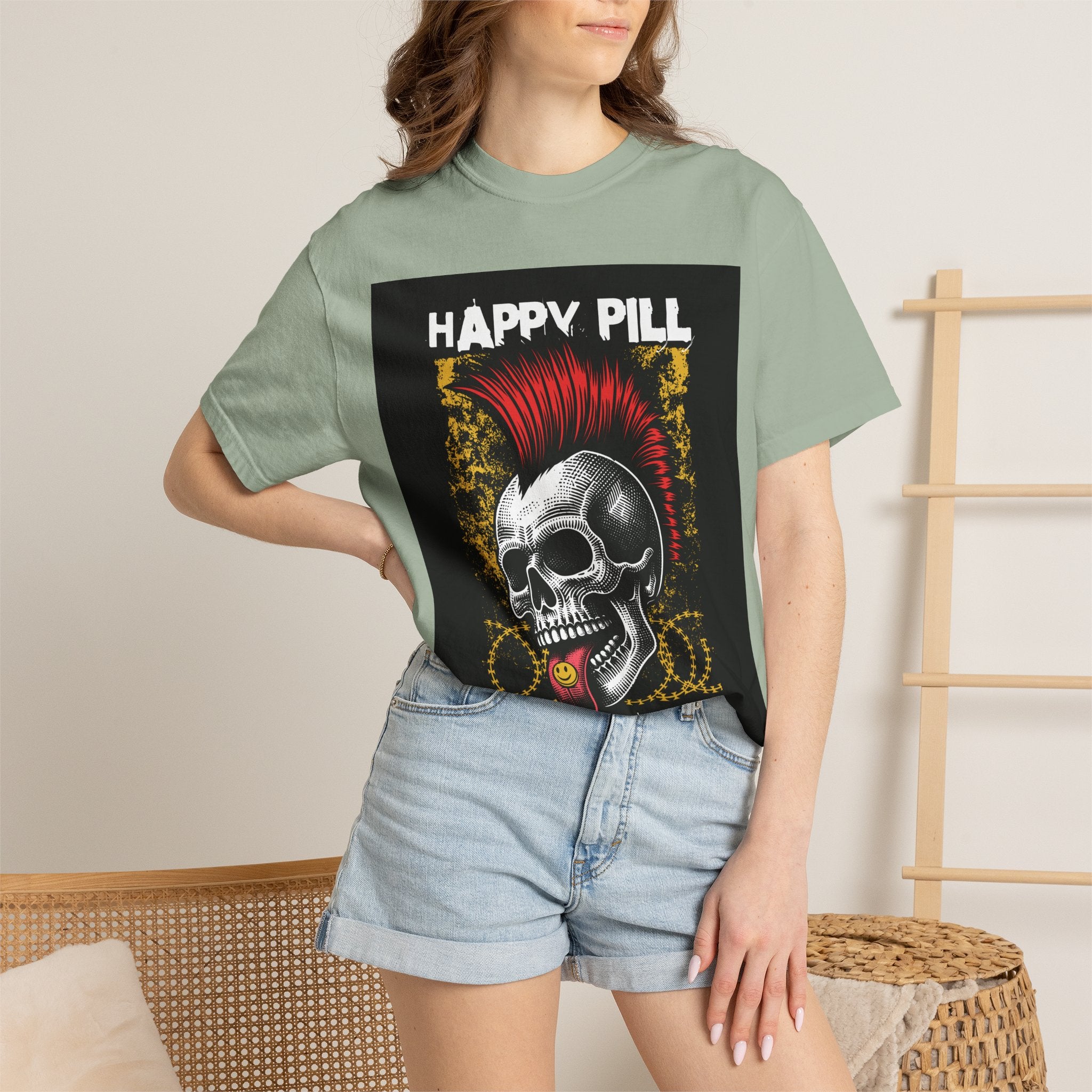Happy Pill Punk Skull T-Shirt — 'Happy Pill Medication' Graphic Tee