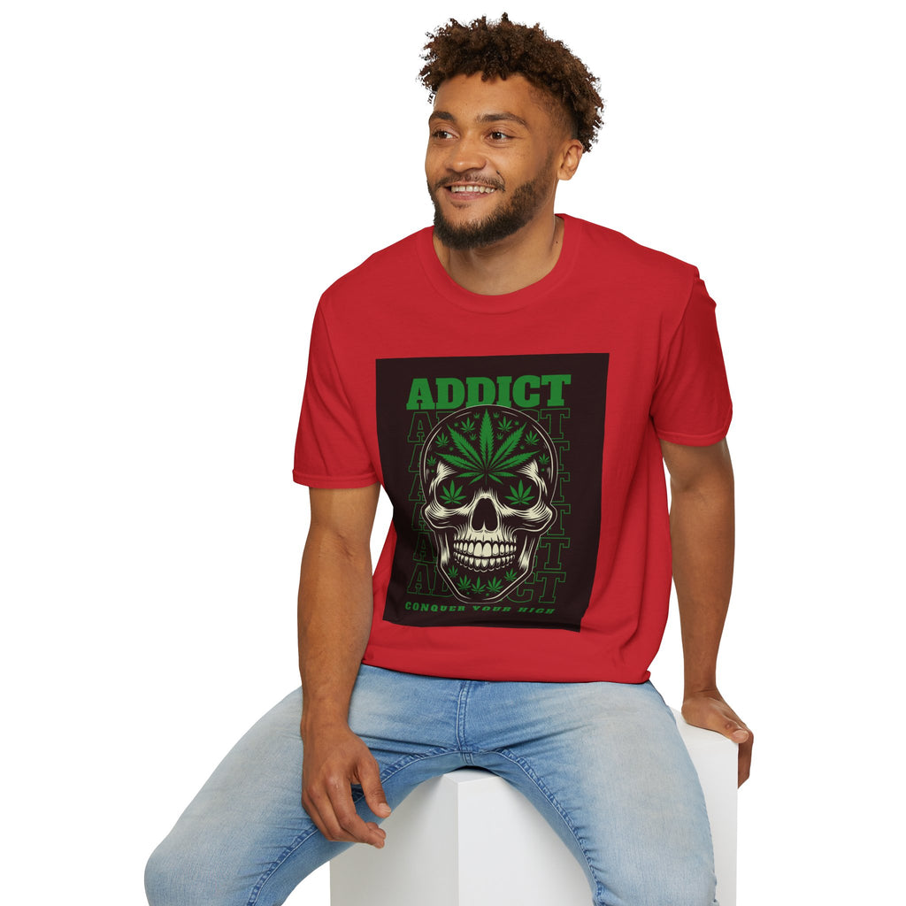 T‑Shirt — "Addict" Skull with Cannabis Leaf Graphic