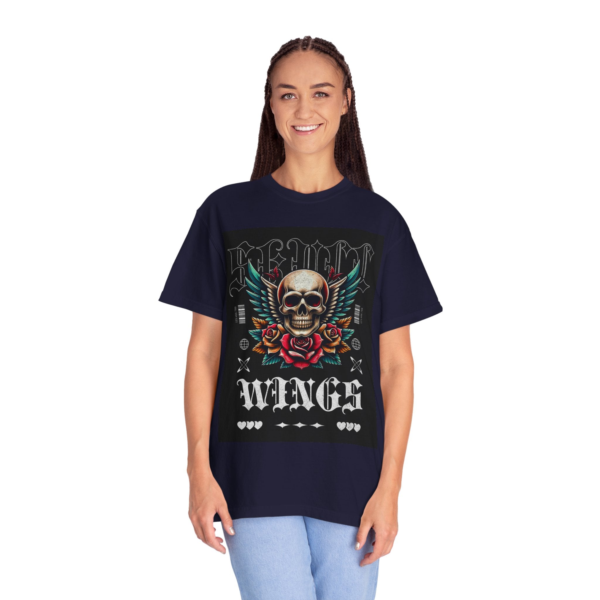 Skull Wings Graphic T-Shirt — Vintage Rock Tattoo Style with Roses