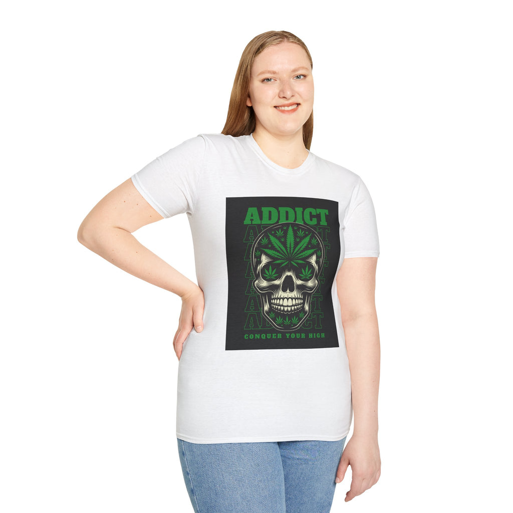 T‑Shirt — "Addict" Skull with Cannabis Leaf Graphic