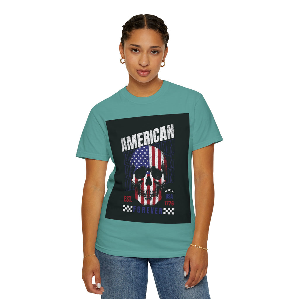American Skull Flag T-Shirt — "American Forever" Patriotic Graphic Tee