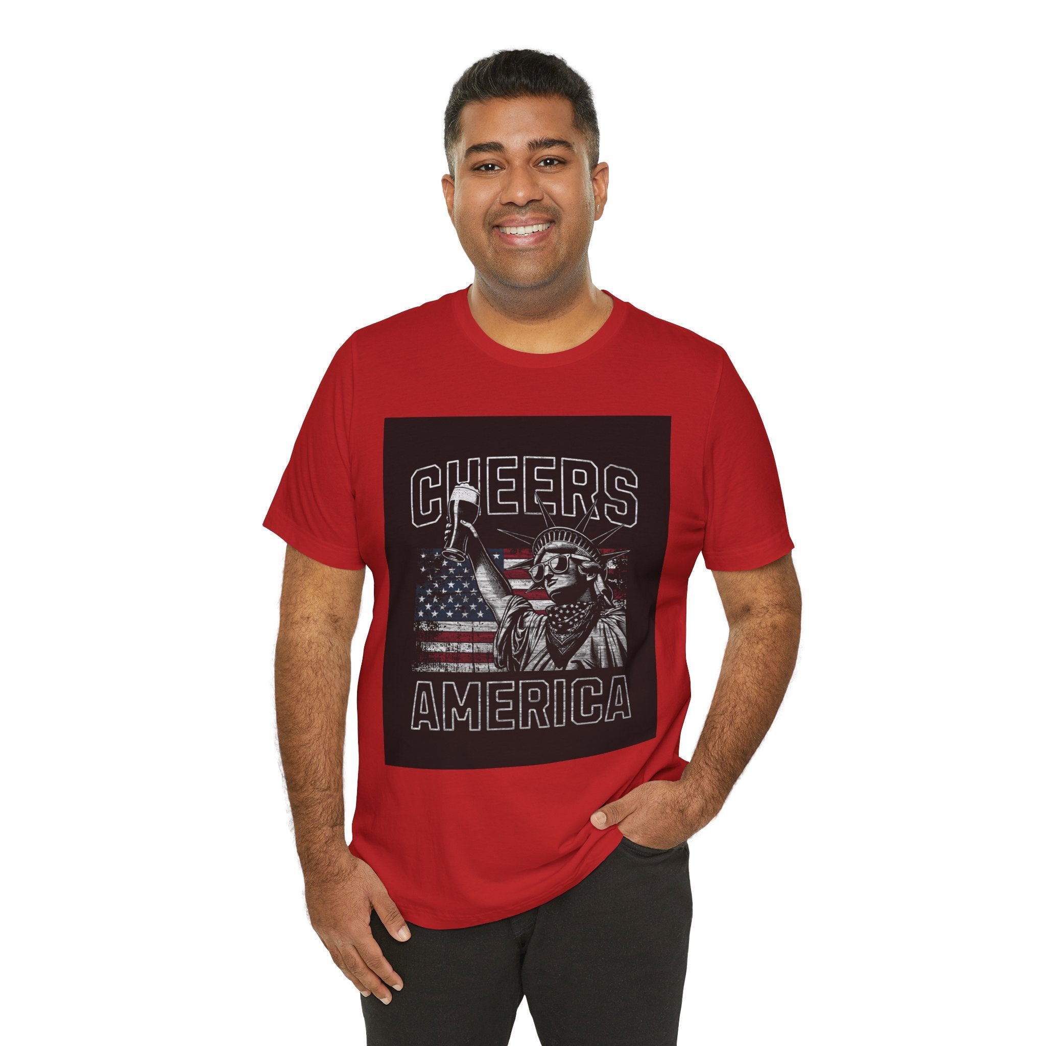 Cheers America T-Shirt — Statue of Liberty Holding Beer & Flag Patriotic Tee