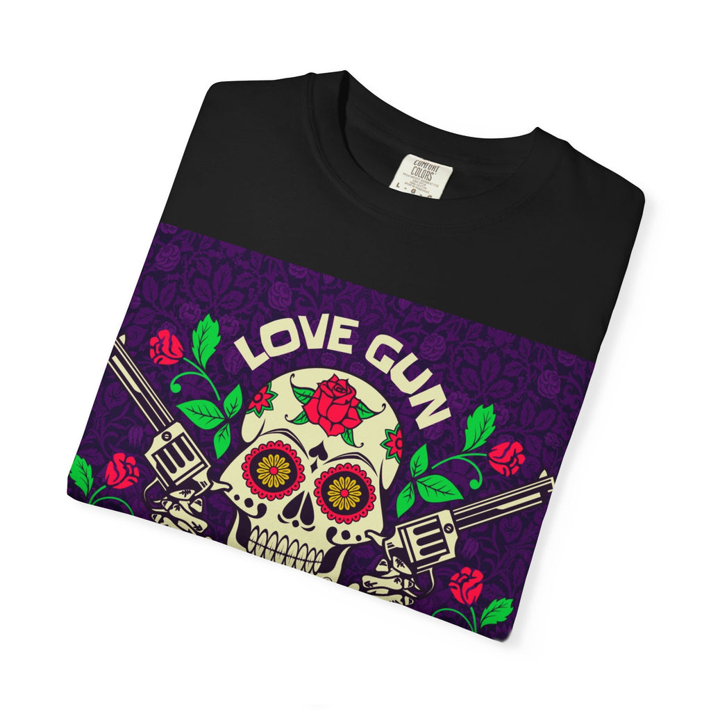 Love Gun Skull T‑Shirt — Day of the Dead Floral Graphic Tee