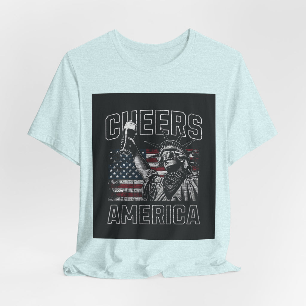 Cheers America T-Shirt — Statue of Liberty Holding Beer & Flag Patriotic Tee