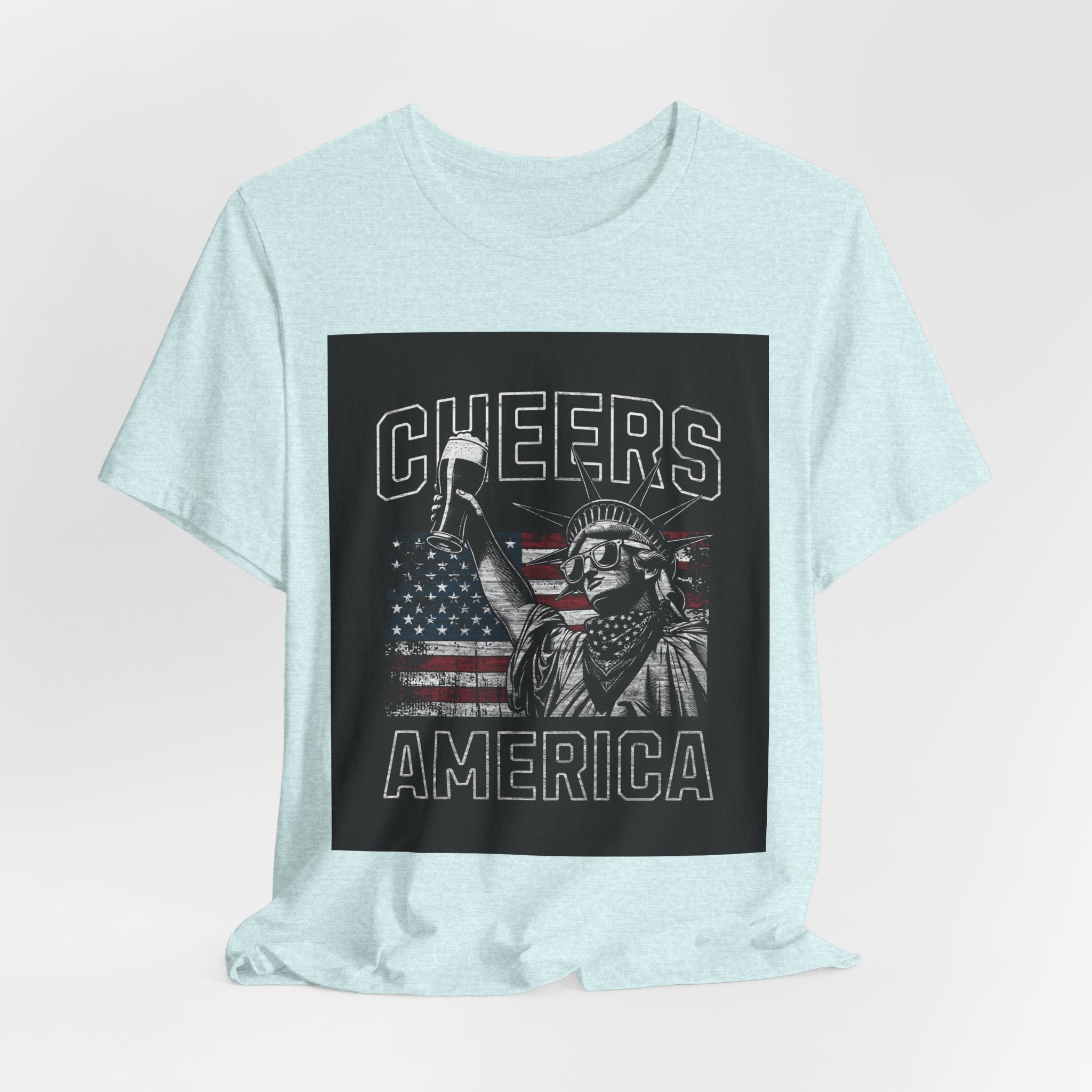 Cheers America T-Shirt — Statue of Liberty Holding Beer & Flag Patriotic Tee