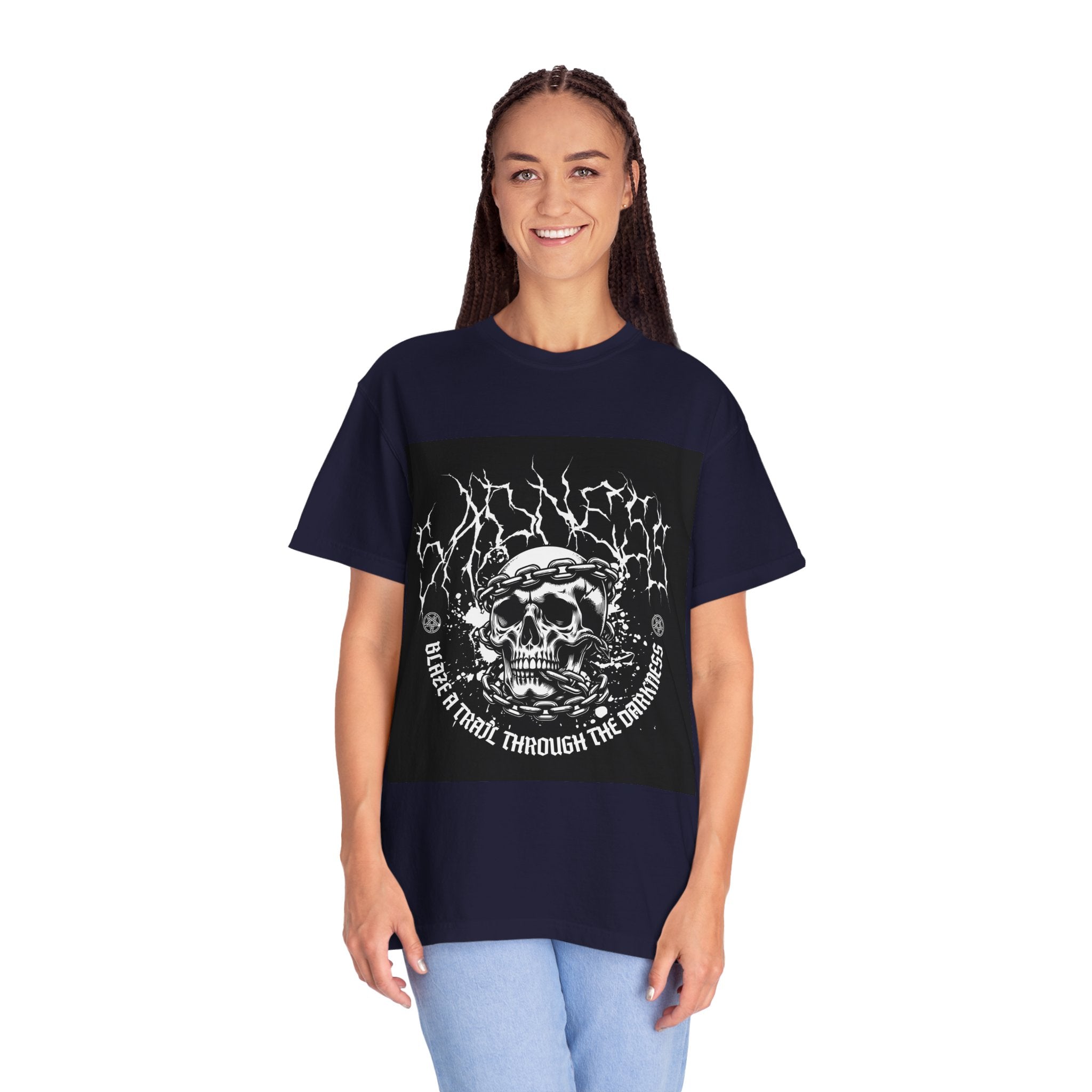 Graphic T-Shirt — 'Break a Path Through the Darkness' Skull Lightning Design
