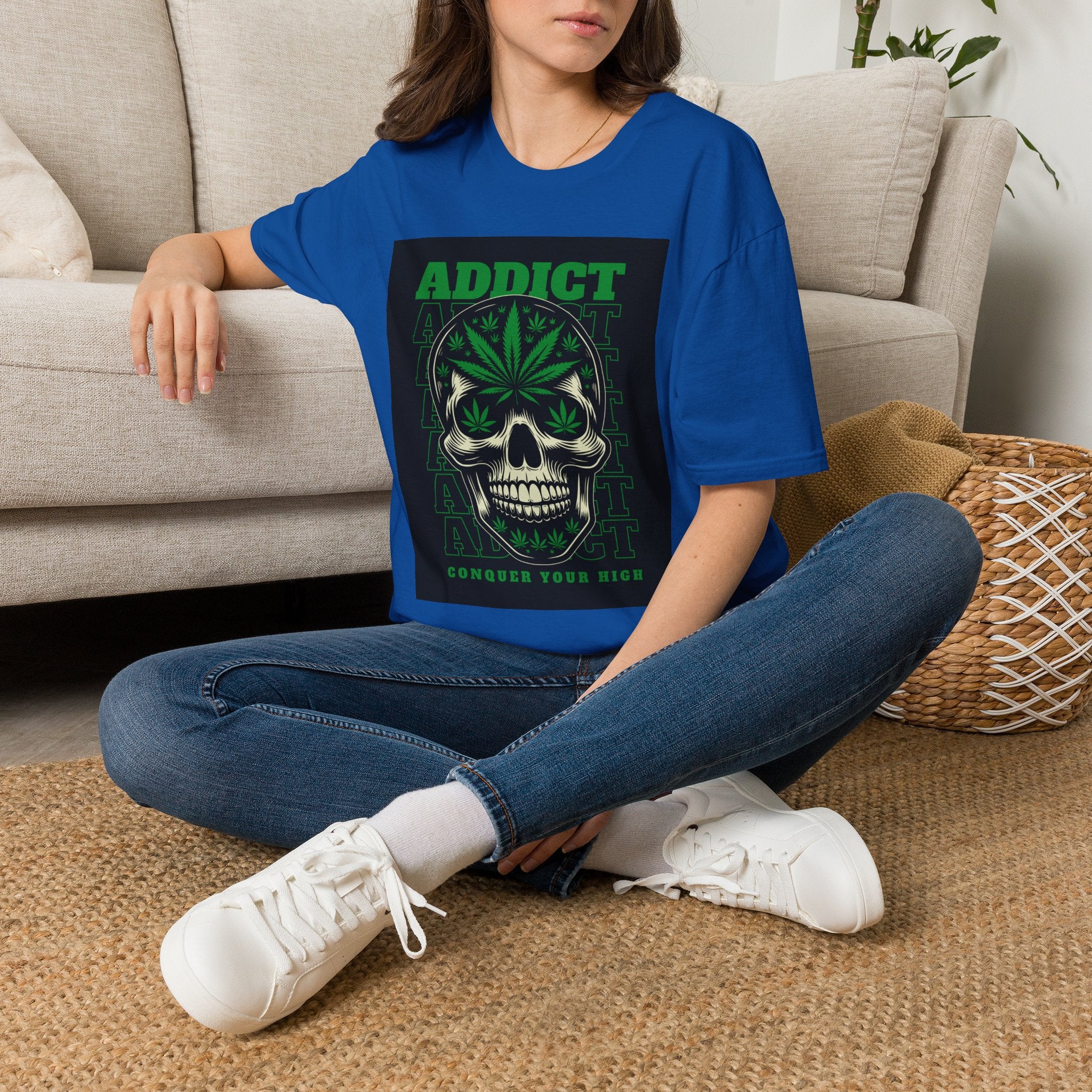 T‑Shirt — "Addict" Skull with Cannabis Leaf Graphic