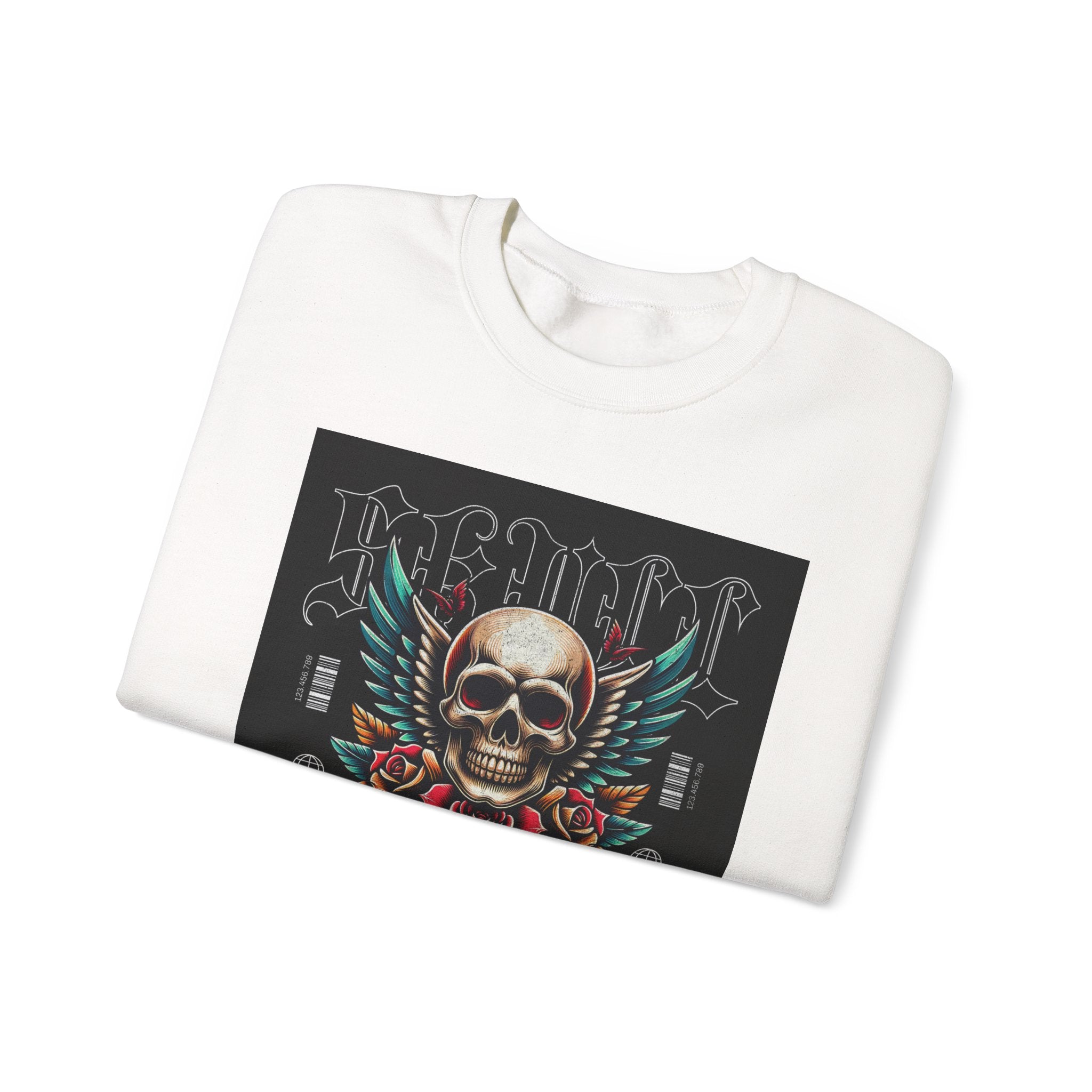 Skull Wings Crewneck Sweatshirt — Vintage Tattoo Skull with Rose Graphic