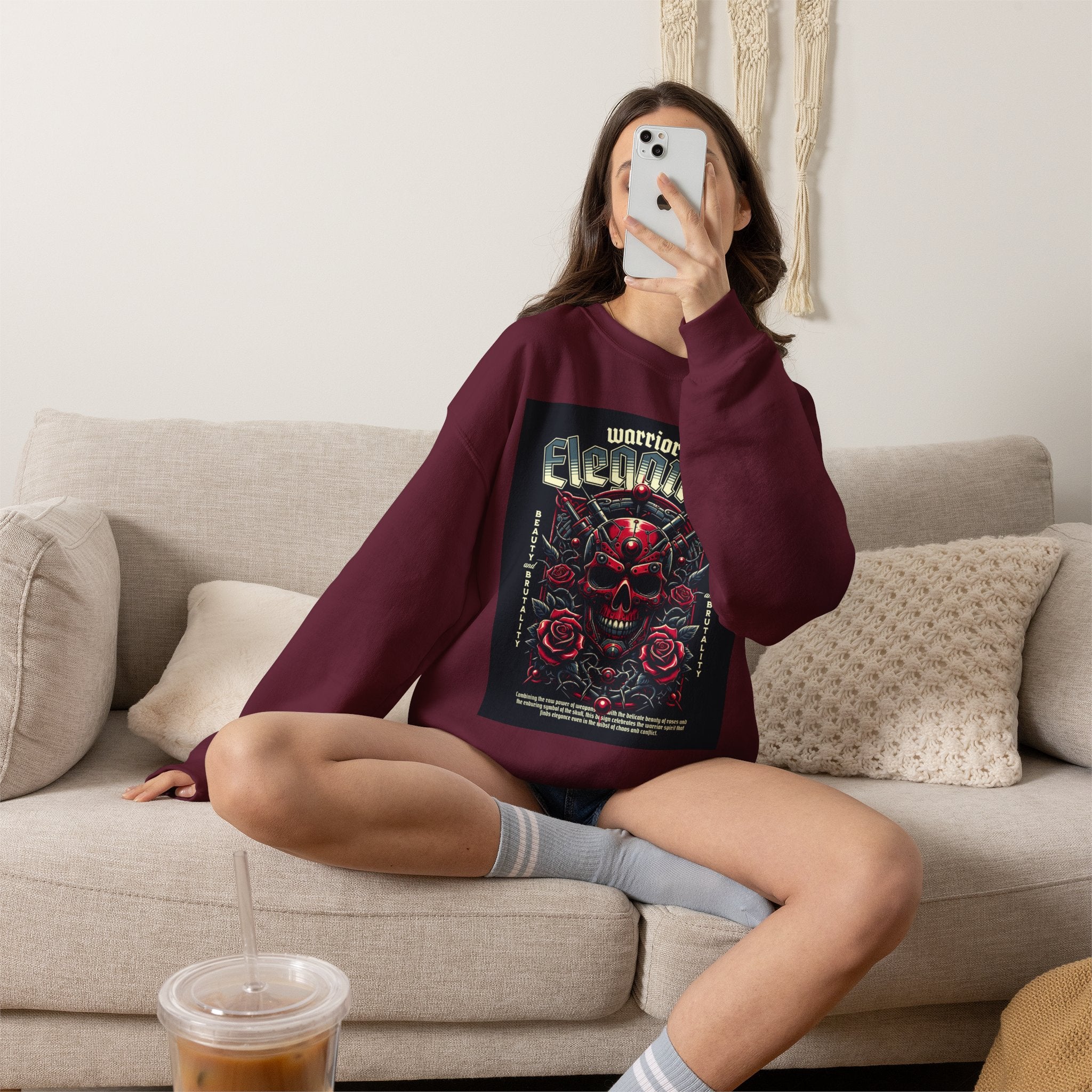 Crewneck Sweatshirt – "Warriors Electric" Skull & Roses Graphic