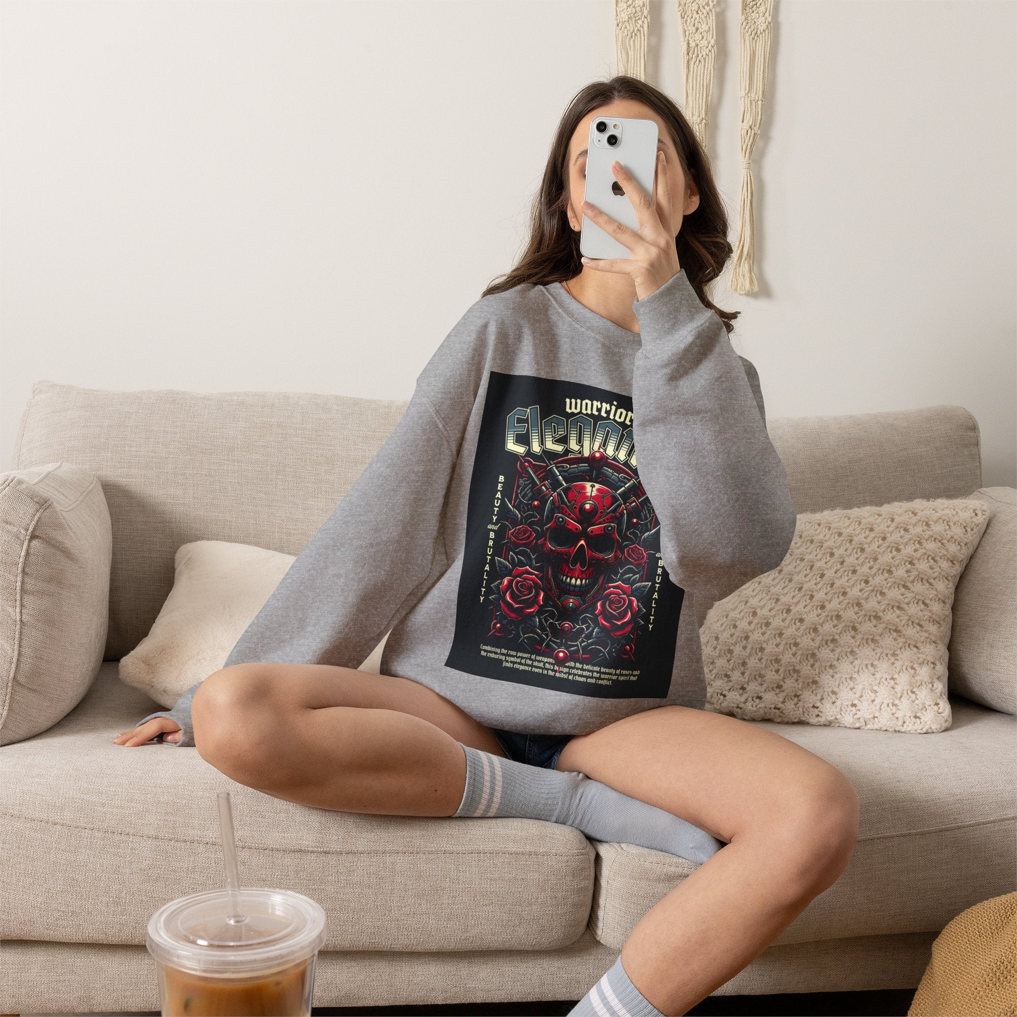 Crewneck Sweatshirt – "Warriors Electric" Skull & Roses Graphic