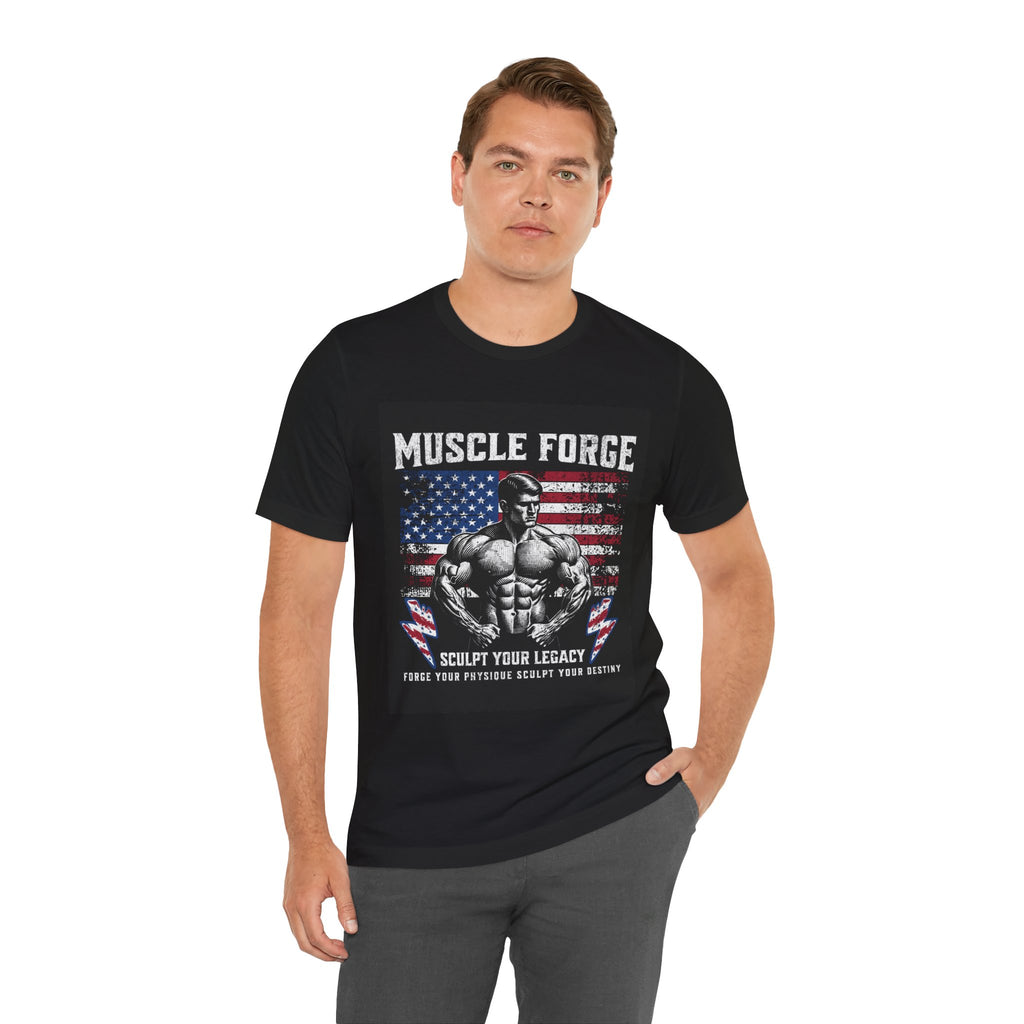 Muscle Forge American Flag Gym Tee — "Sculpt Your Legacy" Fitness T-Shirt