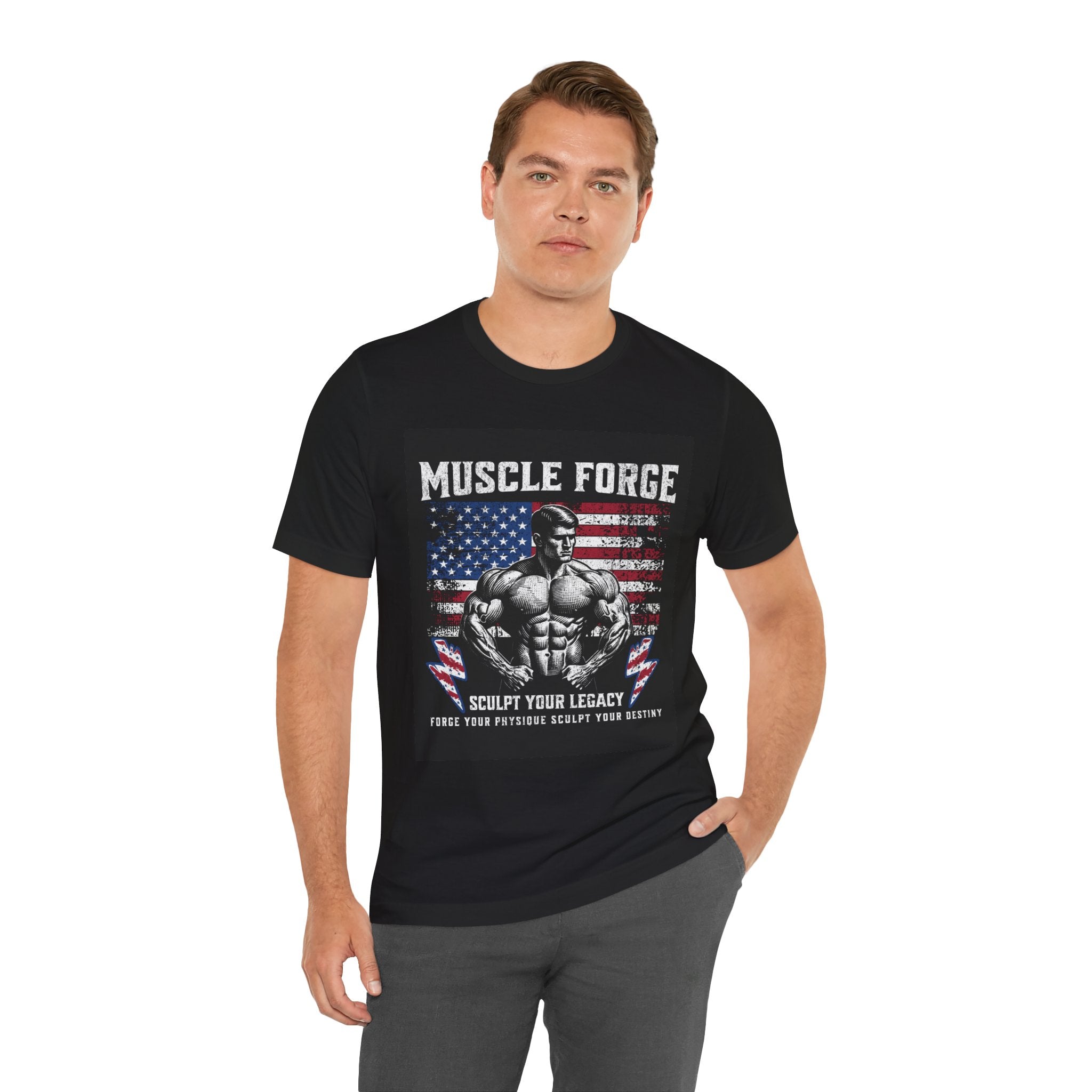 Muscle Forge American Flag Gym Tee — "Sculpt Your Legacy" Fitness T-Shirt