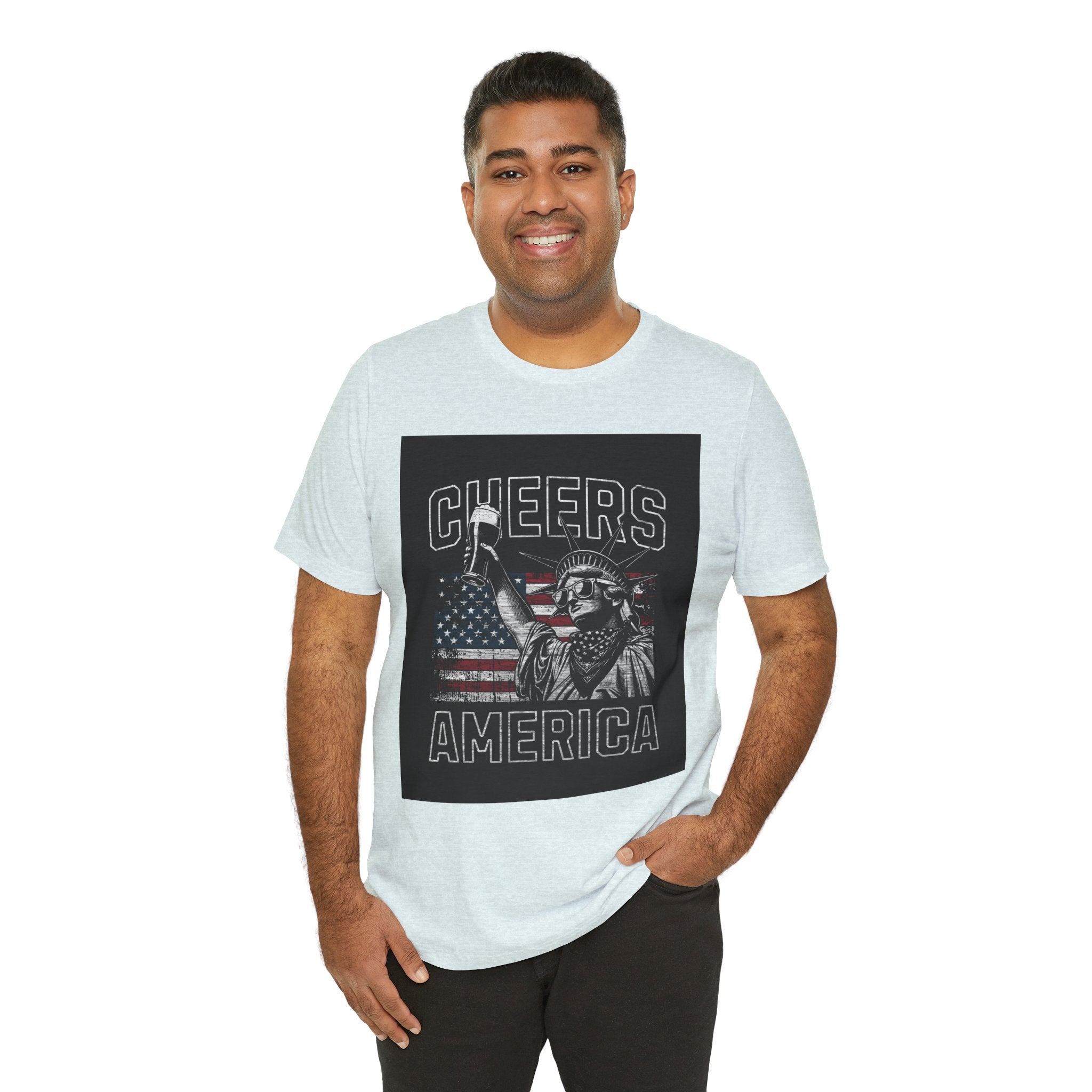 Cheers America T-Shirt — Statue of Liberty Holding Beer & Flag Patriotic Tee