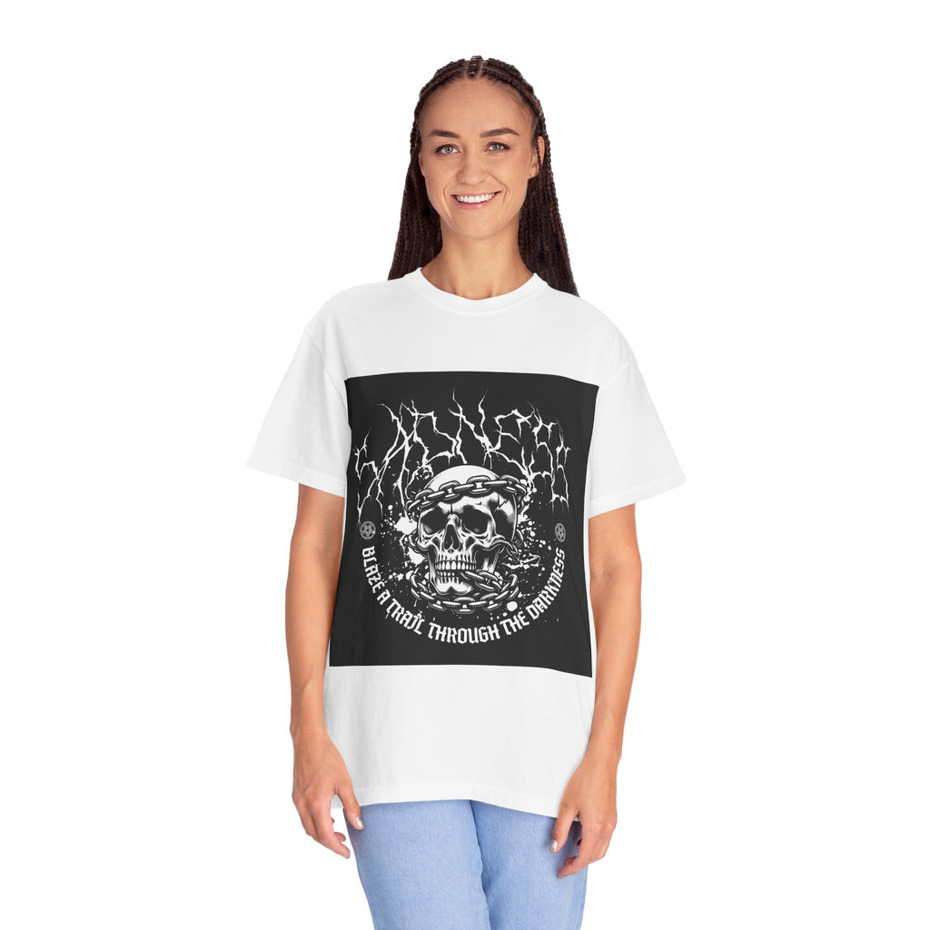 Graphic T-Shirt — 'Break a Path Through the Darkness' Skull Lightning Design