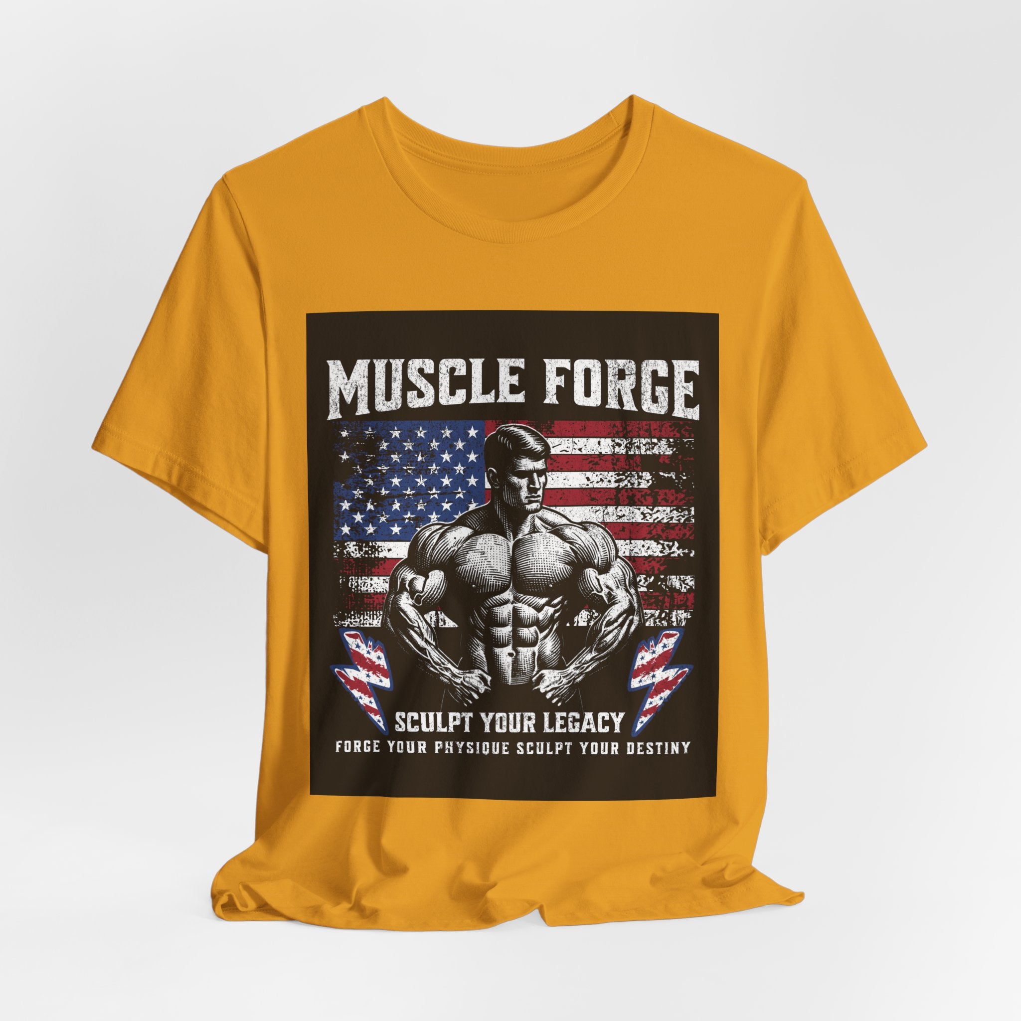 Muscle Forge American Flag Gym Tee — "Sculpt Your Legacy" Fitness T-Shirt