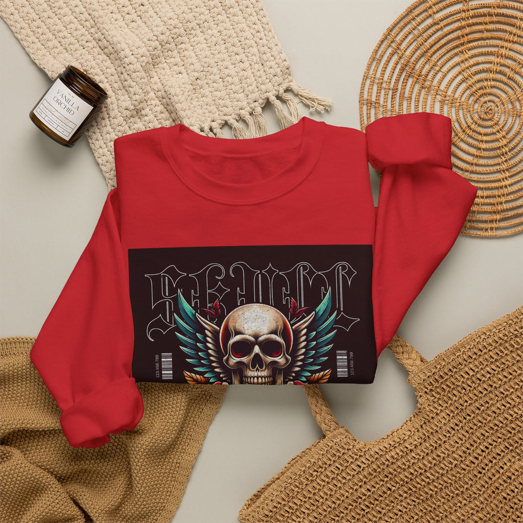 Skull Wings Crewneck Sweatshirt — Vintage Tattoo Skull with Rose Graphic