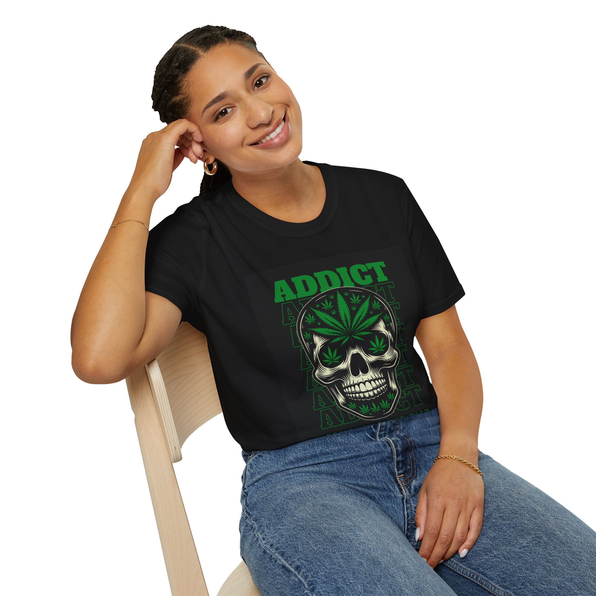 T‑Shirt — "Addict" Skull with Cannabis Leaf Graphic