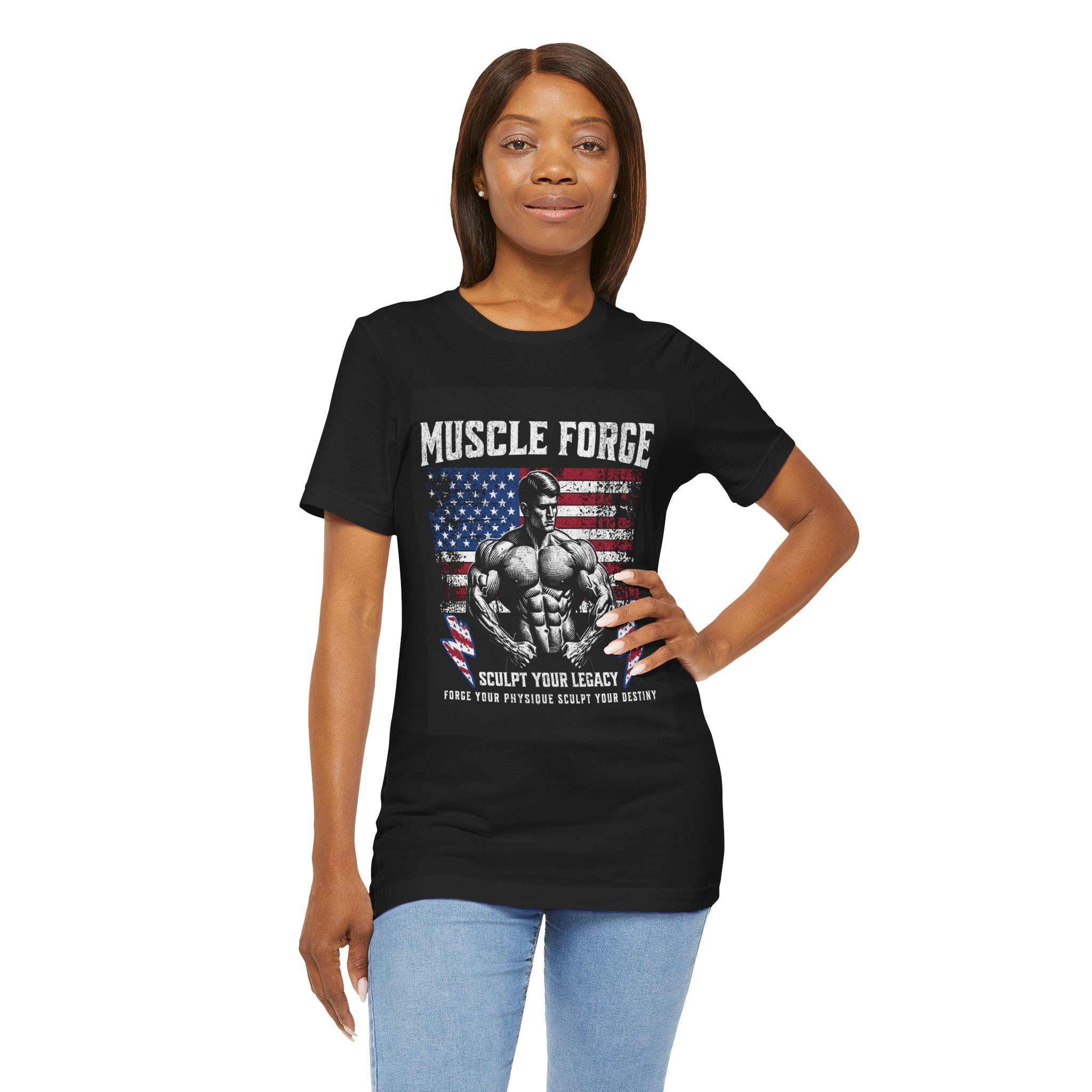 Muscle Forge American Flag Gym Tee — "Sculpt Your Legacy" Fitness T-Shirt