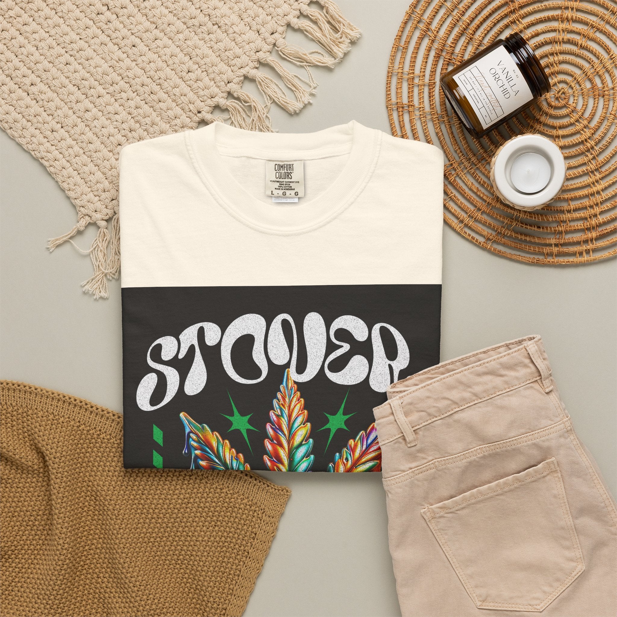 T-Shirt — Stover "Grow Your Own Serenity" Colorful Cannabis Leaf Graphic