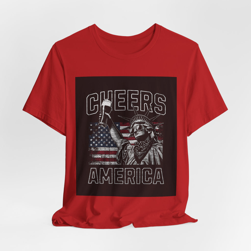 Cheers America T-Shirt — Statue of Liberty Holding Beer & Flag Patriotic Tee