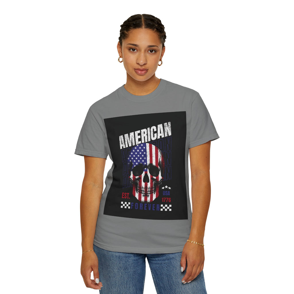 American Skull Flag T-Shirt — "American Forever" Patriotic Graphic Tee