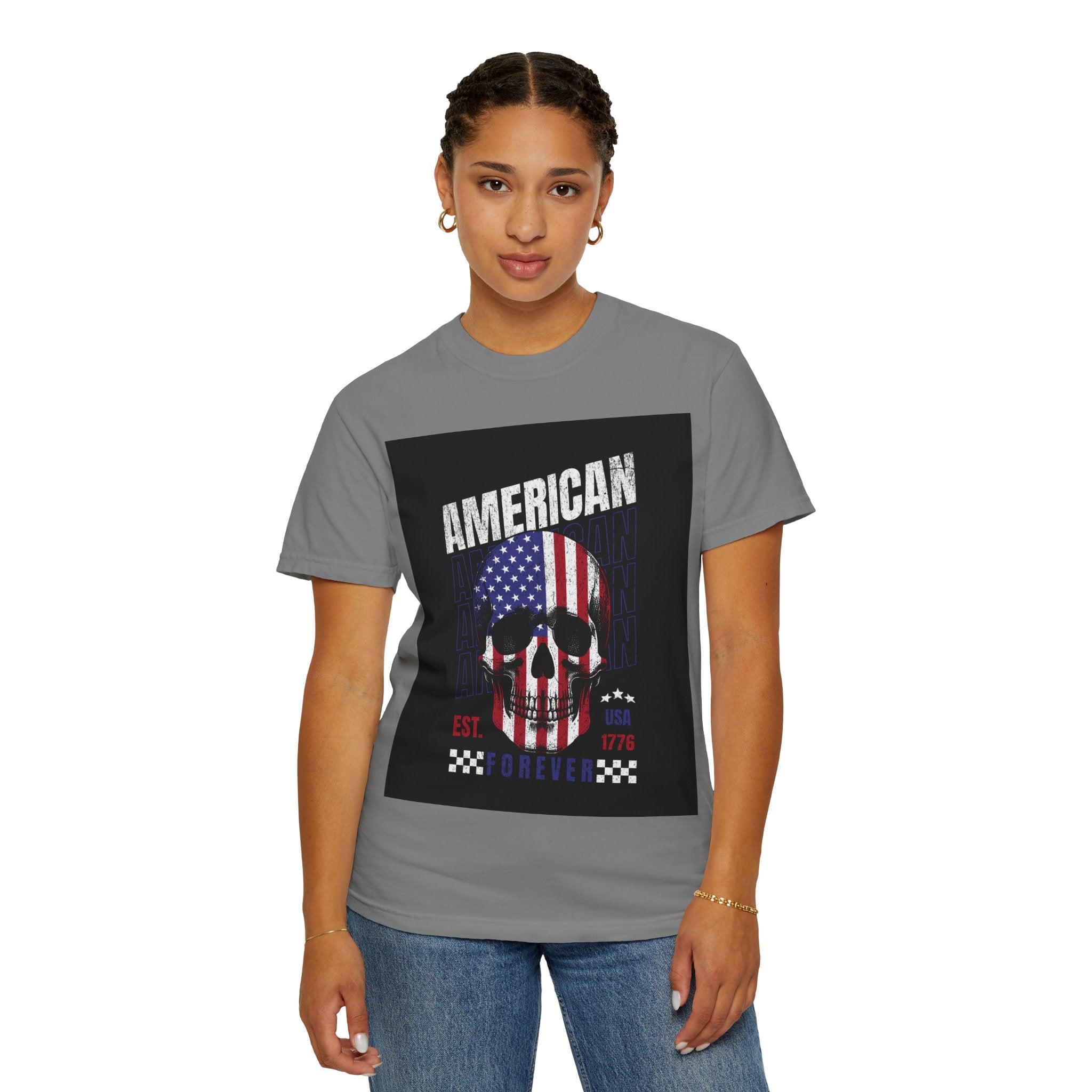 American Skull Flag T-Shirt — "American Forever" Patriotic Graphic Tee