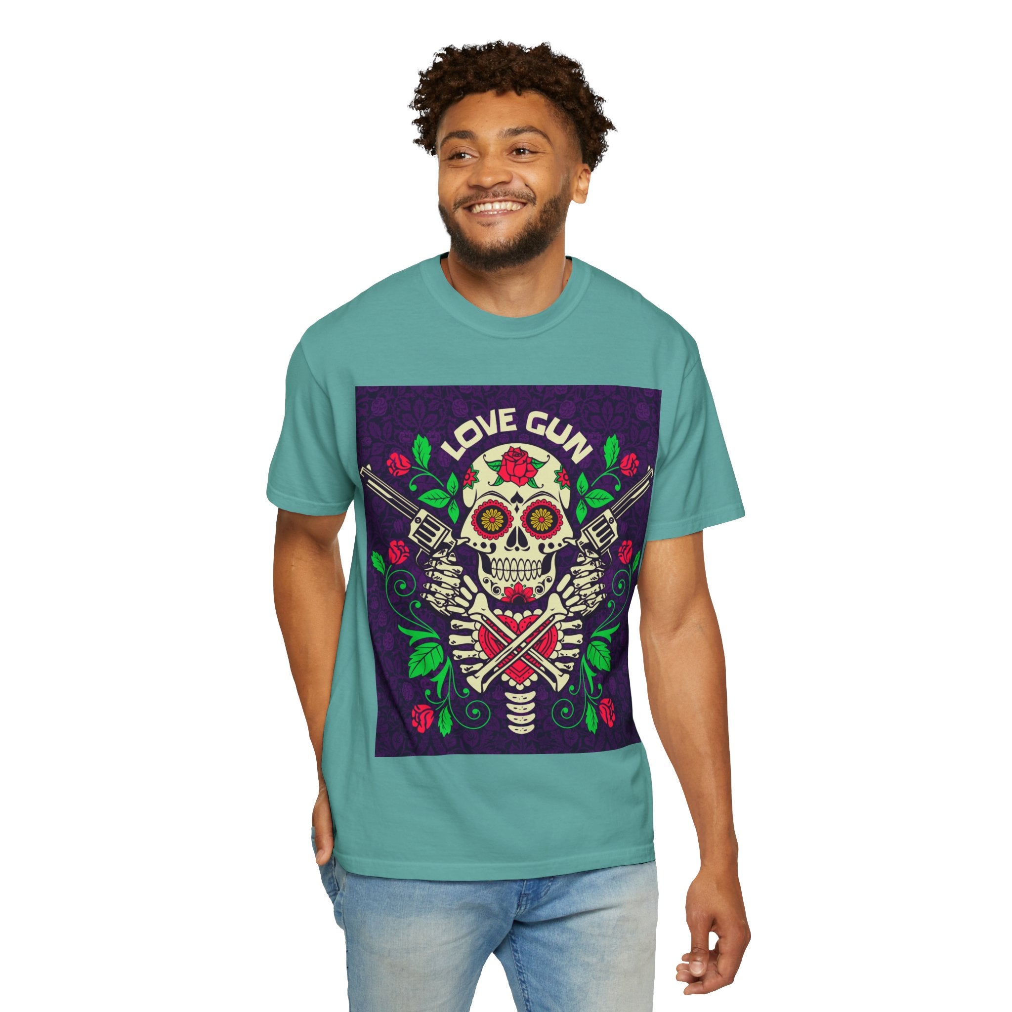 Love Gun Skull T‑Shirt — Day of the Dead Floral Graphic Tee
