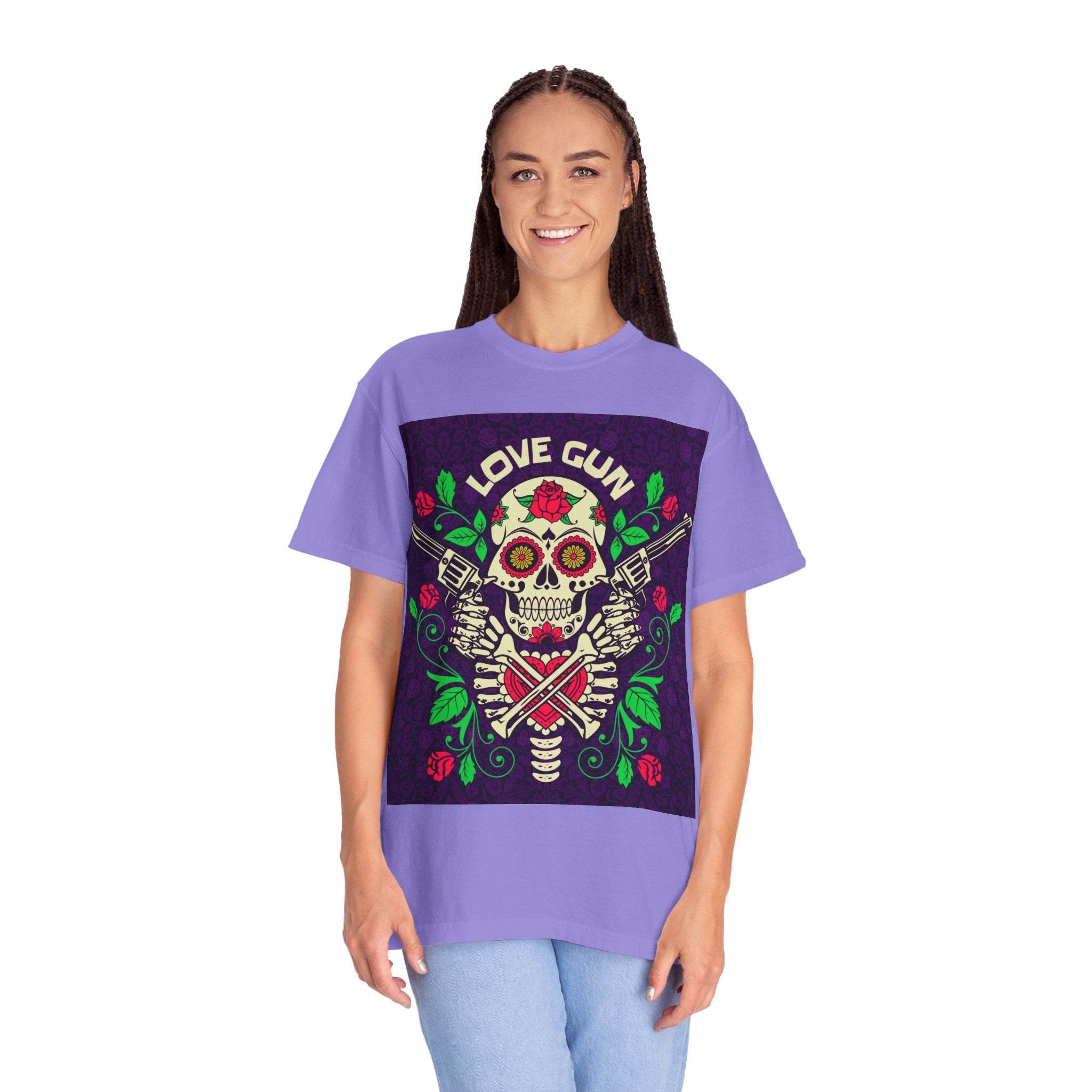 Love Gun Skull T‑Shirt — Day of the Dead Floral Graphic Tee